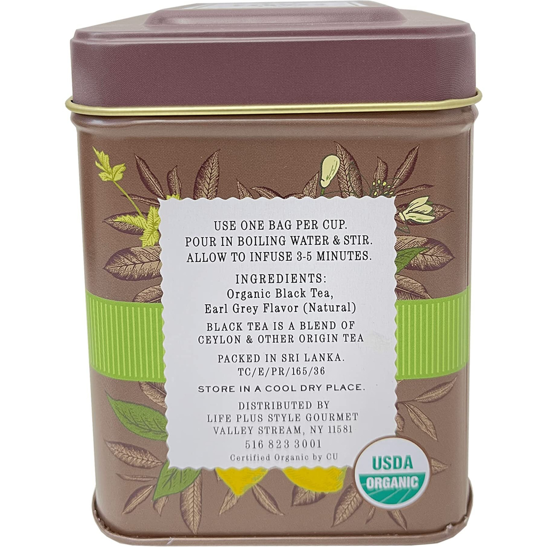 Premium Usda Organic Earl Grey Bergamot Tea Bags 50 Pack Designer Tin, Crafted In Sri Lanka, Naturally Caffeinated Herbal Teabags Full Bodied Flavor, Keto. Bulk (50-Count)