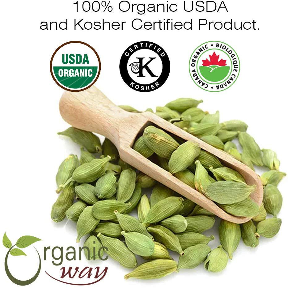 Organic Way Green Cardamom Whole Pods, Hari Elaichi (Elettaria Cardamomum) - Kosher & Usda Certified | Vegan, Non-Gmo & Gluten Free | Resealable Bag | Adds Flavour | 100% Raw From India (1/4Lbs / 4Oz)
