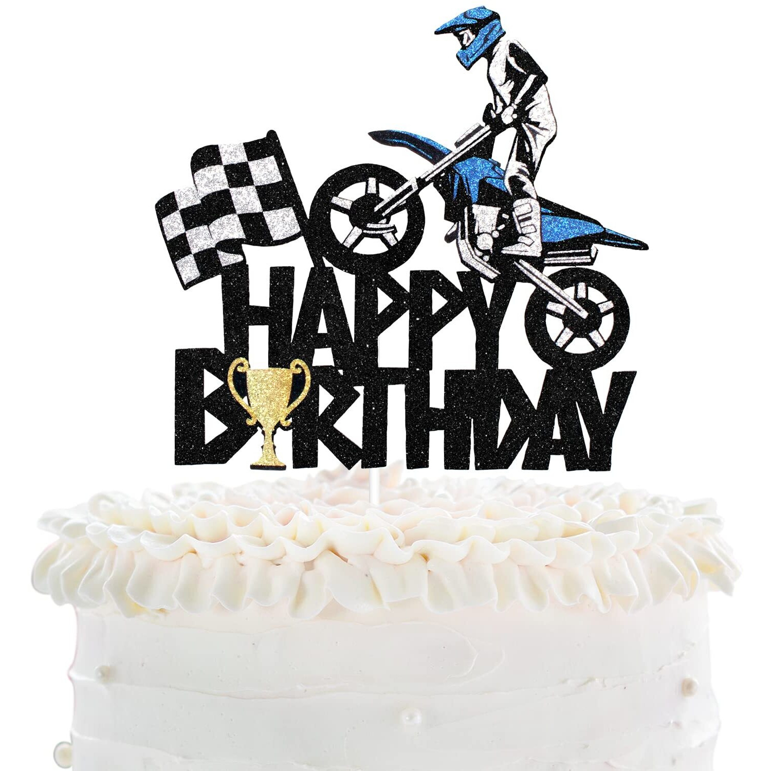 Motorcycle Happy Birthday Cake Topper - Extreme Sports Racing Birthday Party Glitter Autocycle Player Cake Topper - Sport Man Boy Motocross Racing Birthday Party Supplies