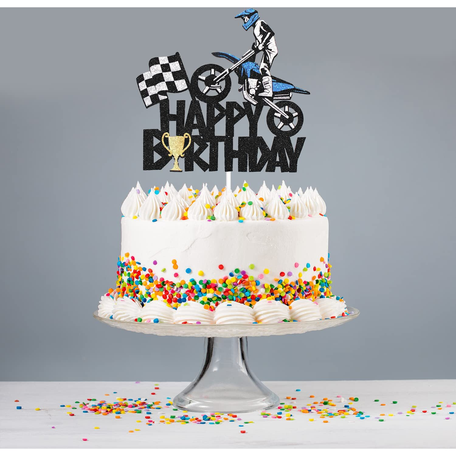 Motorcycle Happy Birthday Cake Topper - Extreme Sports Racing Birthday Party Glitter Autocycle Player Cake Topper - Sport Man Boy Motocross Racing Birthday Party Supplies