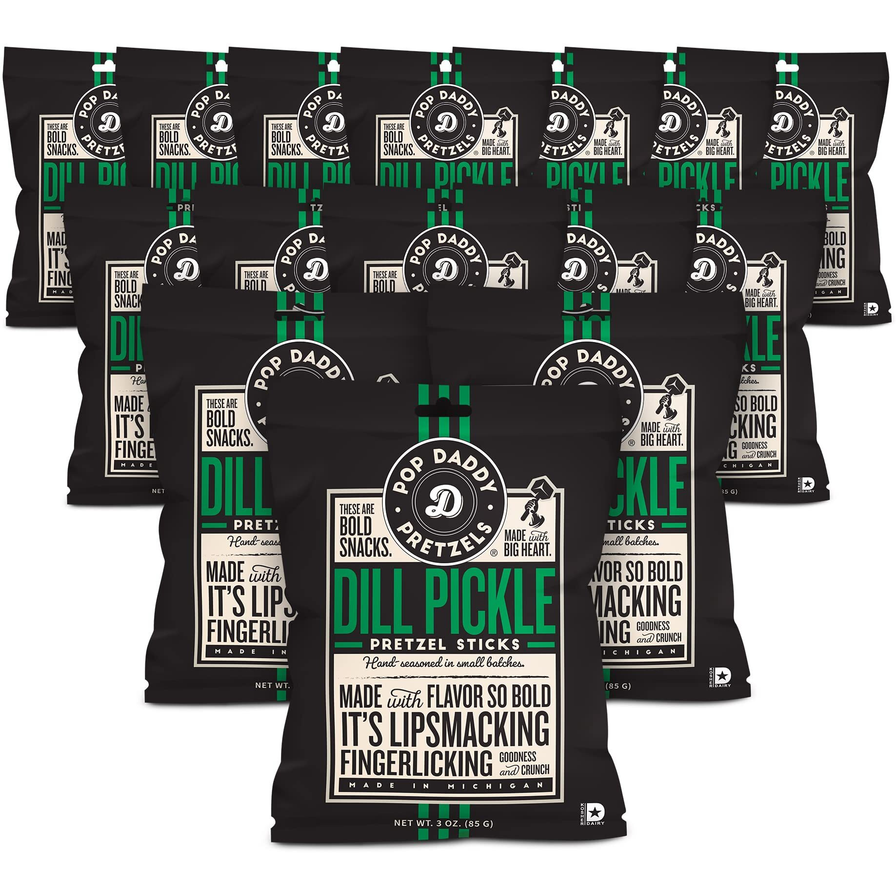 Pop Daddy Flavored Pretzels Sticks | Dill Pickle Flavor | 3Oz Healthy Gourmet Pretzels Snacks | 15 Pack