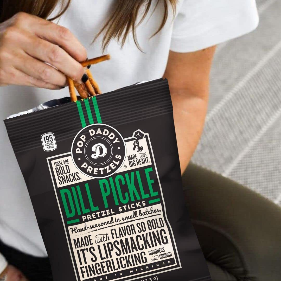 Pop Daddy Flavored Pretzels Sticks | Dill Pickle Flavor | 3Oz Healthy Gourmet Pretzels Snacks | 15 Pack