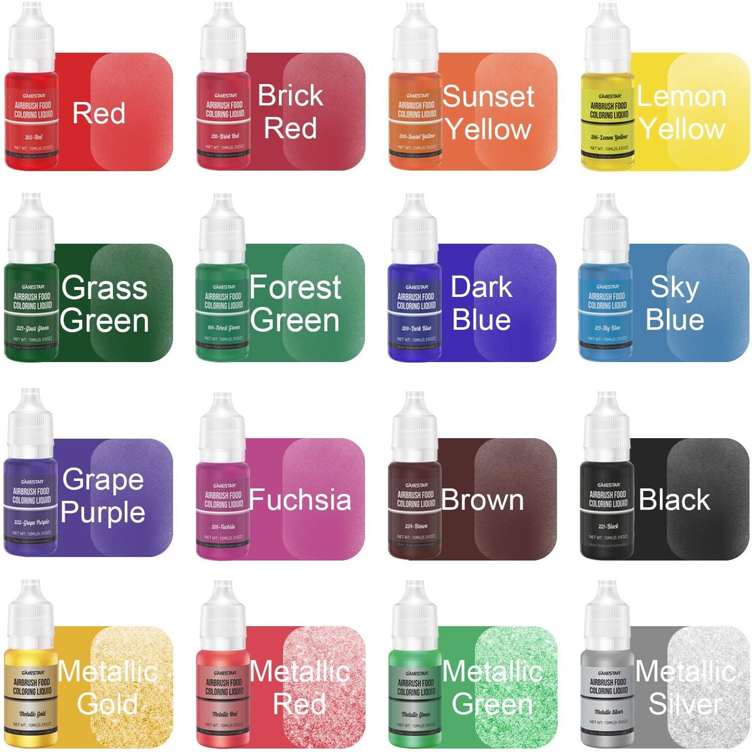 Cakestar Food Coloring Liquid For Airbrush, 16 Colors Airbrush Food Coloring For Cake, Cookies Decorating (.35 Fl.Oz/Bottle)