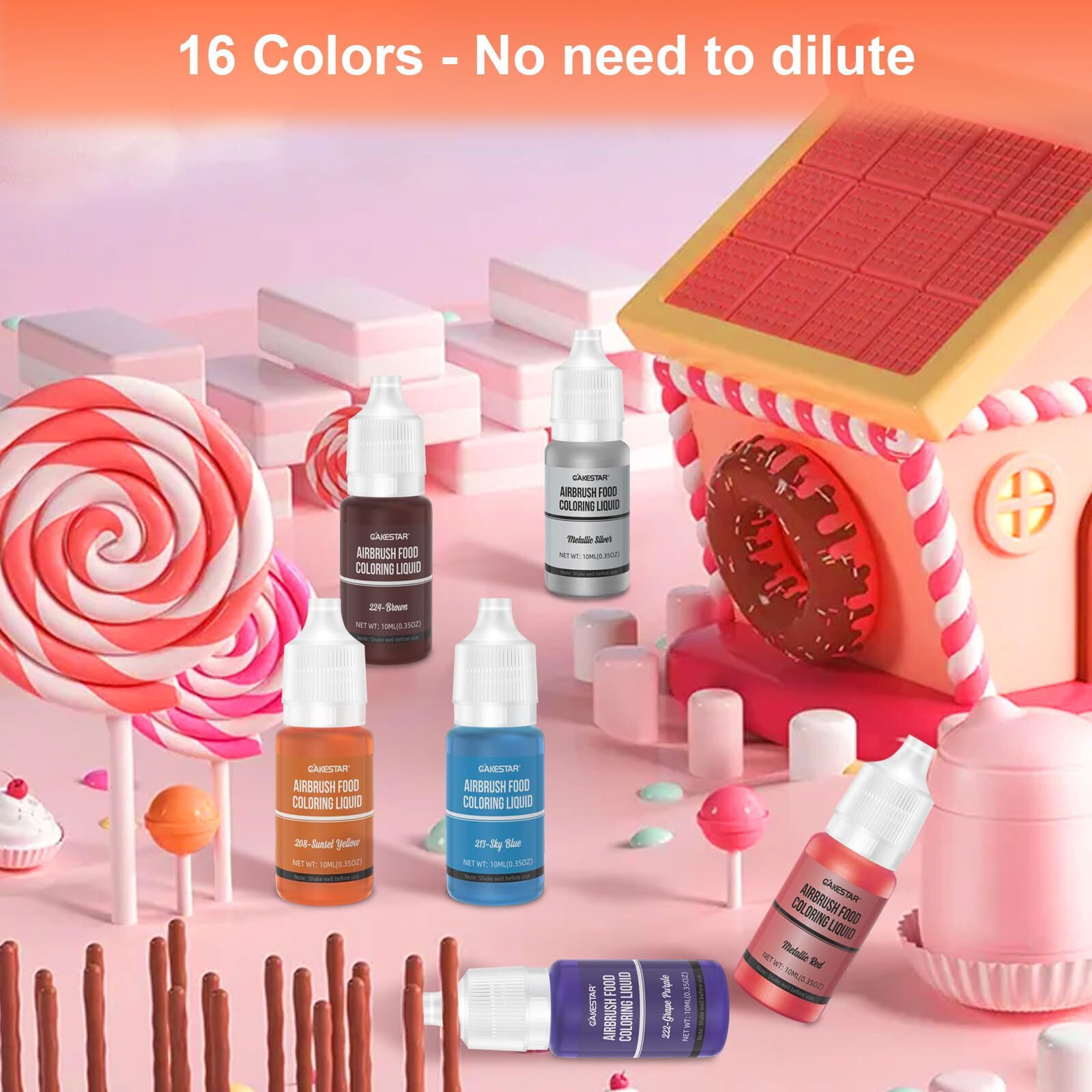 Cakestar Food Coloring Liquid For Airbrush, 16 Colors Airbrush Food Coloring For Cake, Cookies Decorating (.35 Fl.Oz/Bottle)