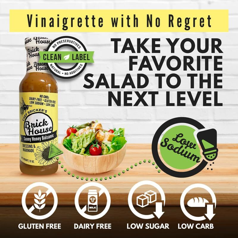 Sunny Honey Balsamic Vinaigrette Dressing, Low Carbs Balsamic Vinaigrette Salad Dressing, Non-Gmo & Low Sodium Salad Dressing By Brick House, 12 Oz
