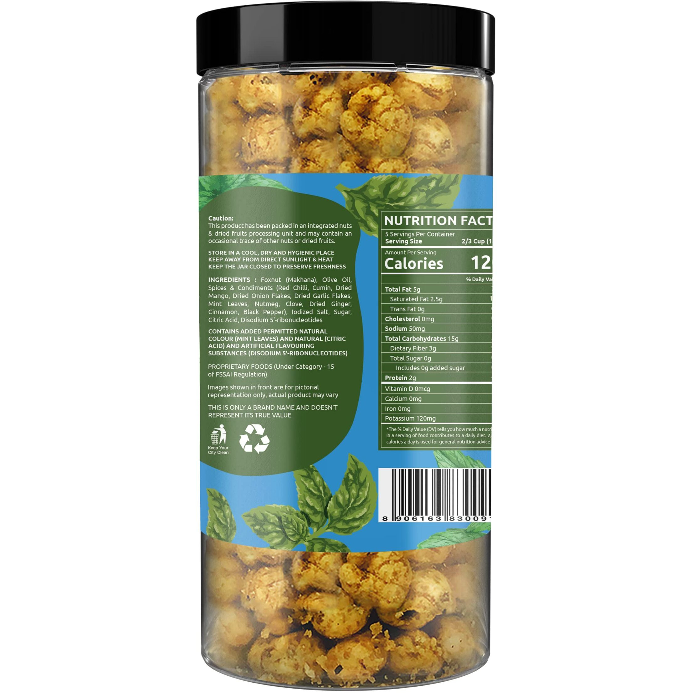 Farmley Makhana Healthy Puffs | Gluten Free Plant Based Roasted & Flavoured Crisps (Pack Of 1) | Fox Nuts | High Protein/Fiber | Healthy Snacks | Popped Lotus Seed - Mint | 3.20 Oz