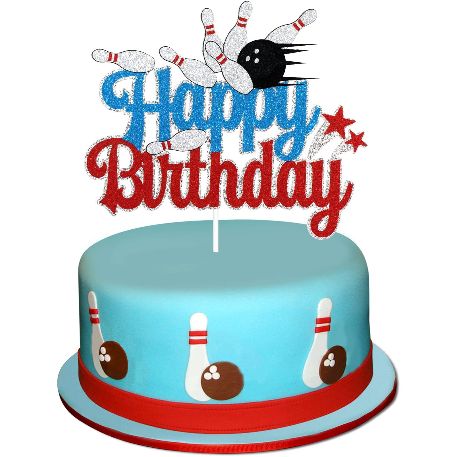 Bowling Happy Birthday Cake Topper - Sports Bowling Party Glitter Cake Topper For Boys - Game Day Party Bowling Alley Decoration