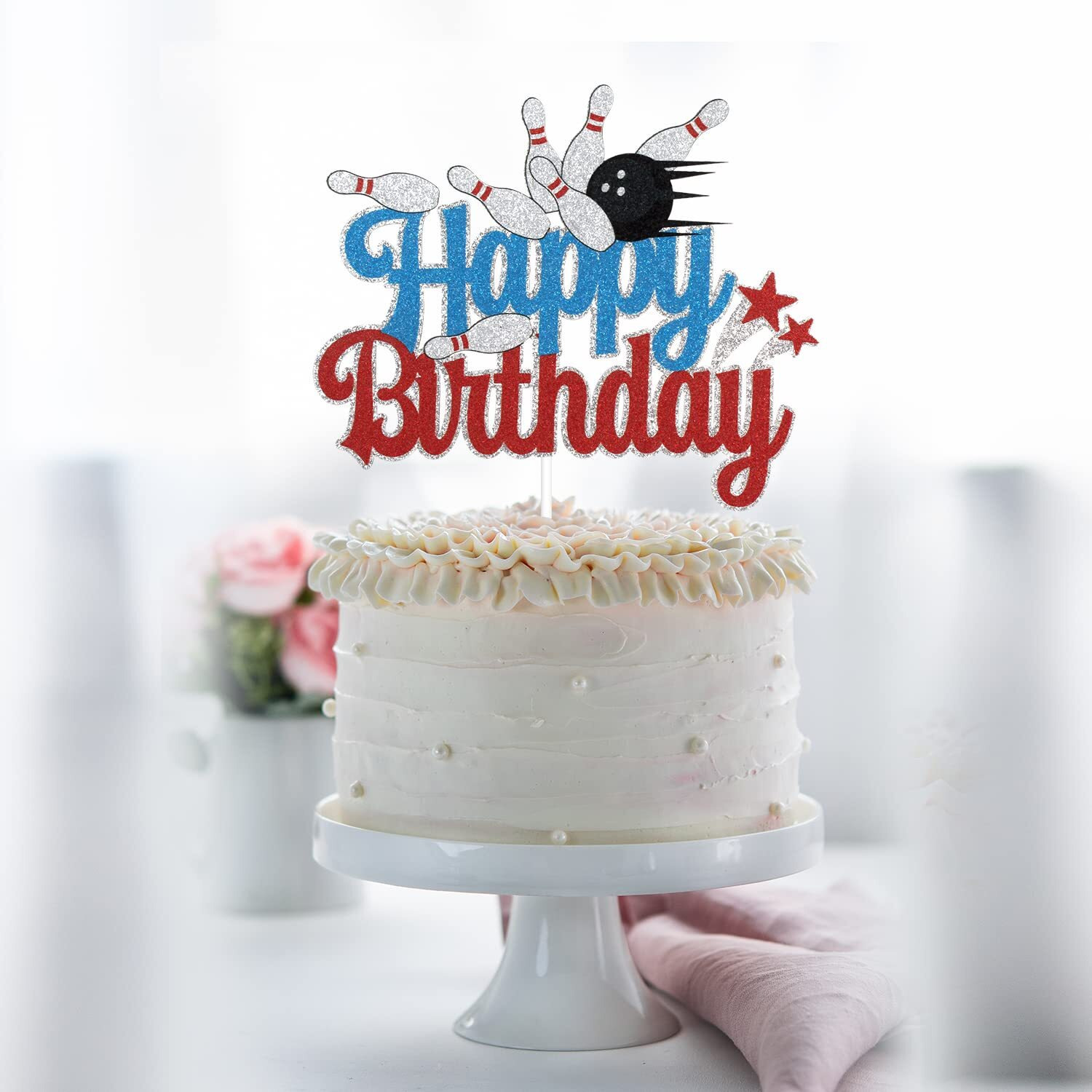 Bowling Happy Birthday Cake Topper - Sports Bowling Party Glitter Cake Topper For Boys - Game Day Party Bowling Alley Decoration