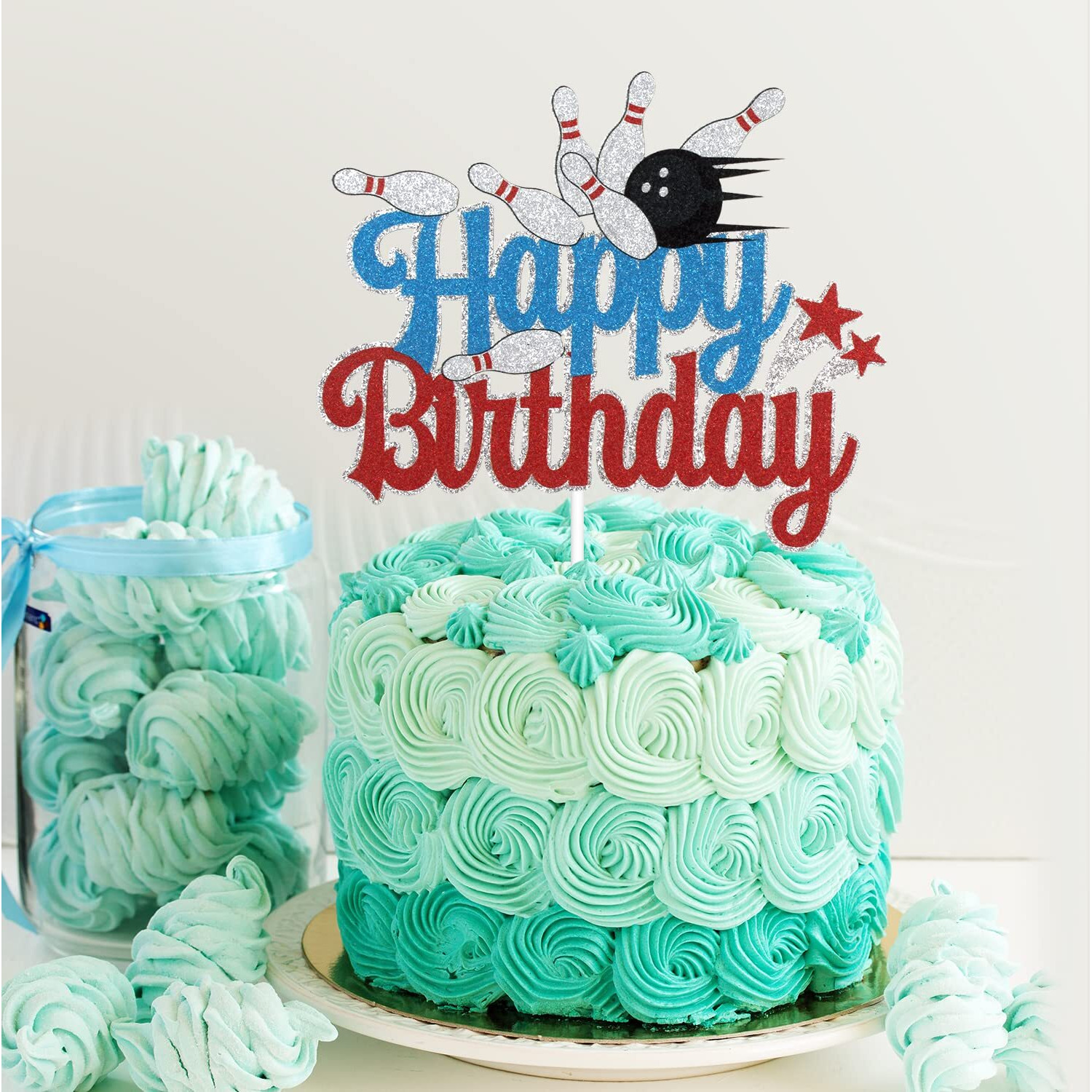 Bowling Happy Birthday Cake Topper - Sports Bowling Party Glitter Cake Topper For Boys - Game Day Party Bowling Alley Decoration