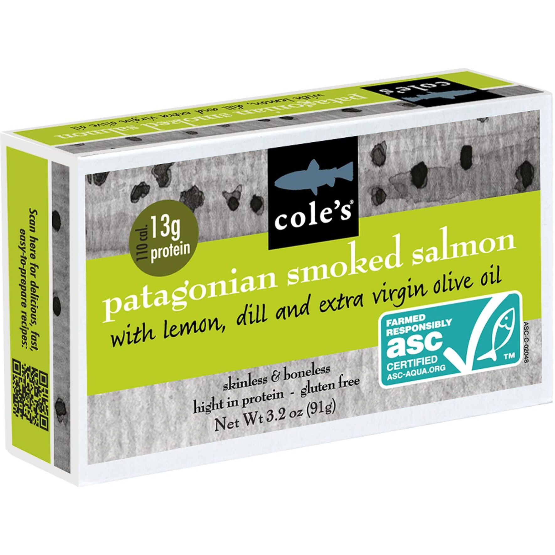 Cole's Patagonian Smoked Salmon Fillet W/Lemon & Dill In Extra Virgin Olive Oil | 3.2 Oz Hand-Packed Smoked Salmon Canned | 13G Protein