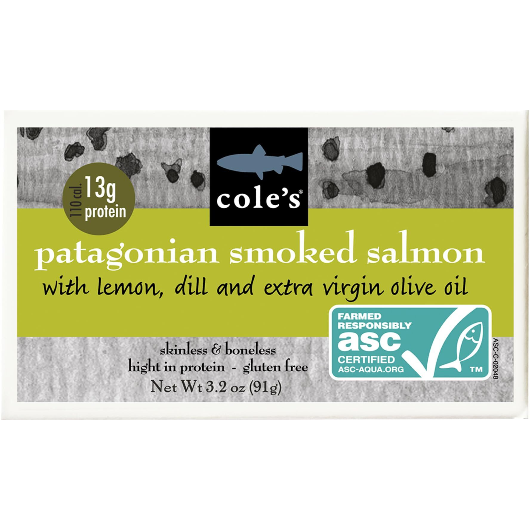 Cole's Patagonian Smoked Salmon Fillet W/Lemon & Dill In Extra Virgin Olive Oil | 3.2 Oz Hand-Packed Smoked Salmon Canned | 13G Protein