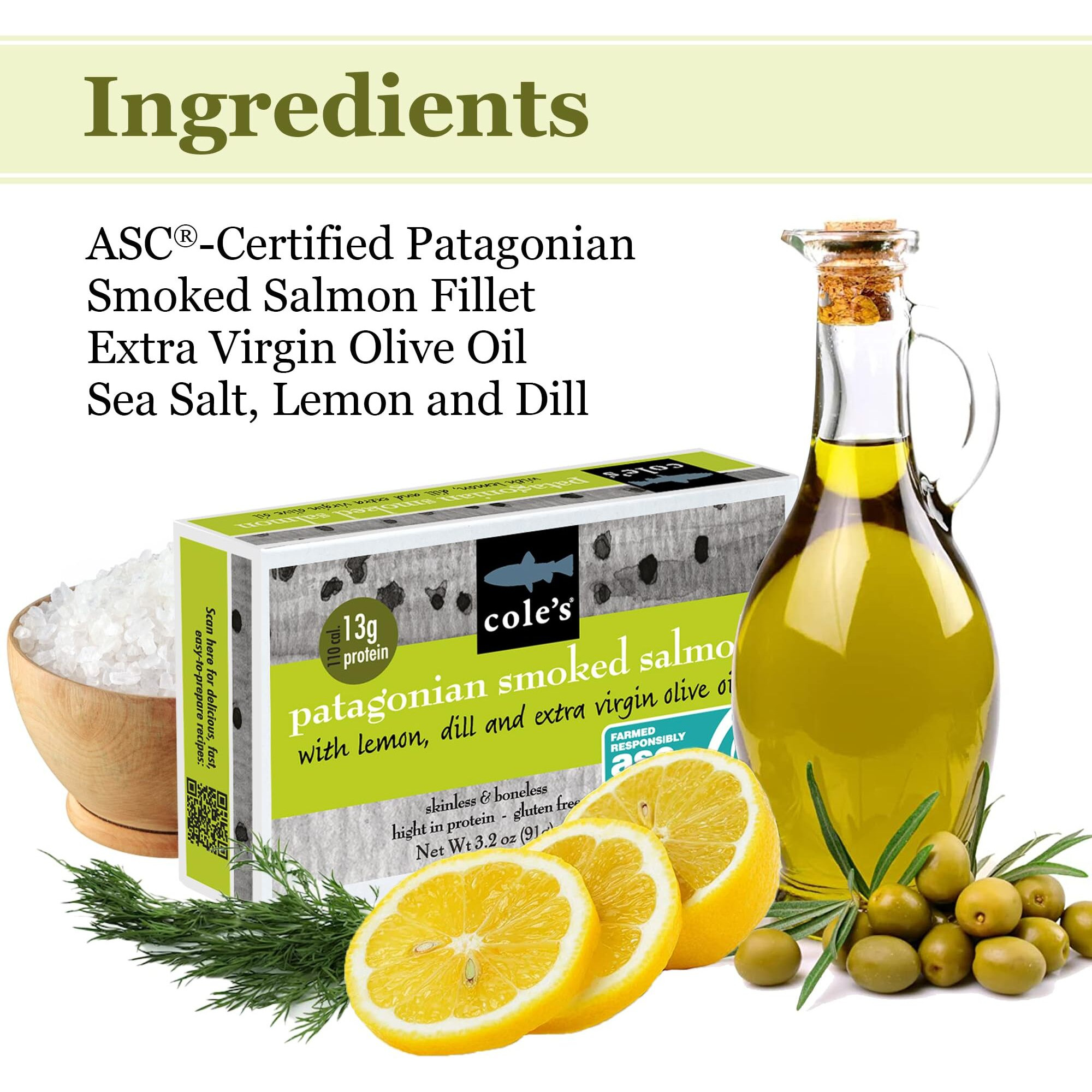 Cole's Patagonian Smoked Salmon Fillet W/Lemon & Dill In Extra Virgin Olive Oil | 3.2 Oz Hand-Packed Smoked Salmon Canned | 13G Protein