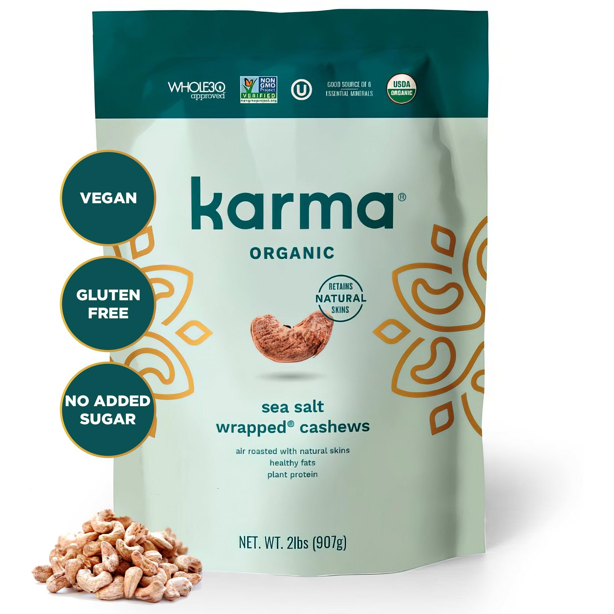 Organic Cashews By Karma Nuts, Vegan, Gluten Free, Low Net Carb, Natural, Everyday Nut Snack, Great For Baking, Resealable Bulk 32Oz Bag (Resealable Bulk 32Oz Bag, Organic Sea Salt Wrapped Cashews)