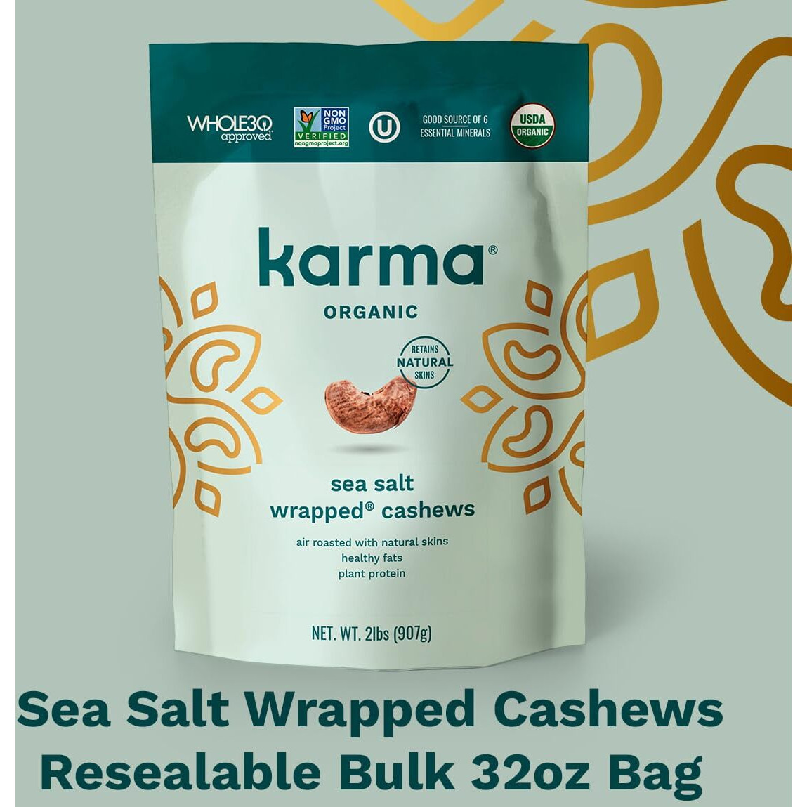 Organic Cashews By Karma Nuts, Vegan, Gluten Free, Low Net Carb, Natural, Everyday Nut Snack, Great For Baking, Resealable Bulk 32Oz Bag (Resealable Bulk 32Oz Bag, Organic Sea Salt Wrapped Cashews)