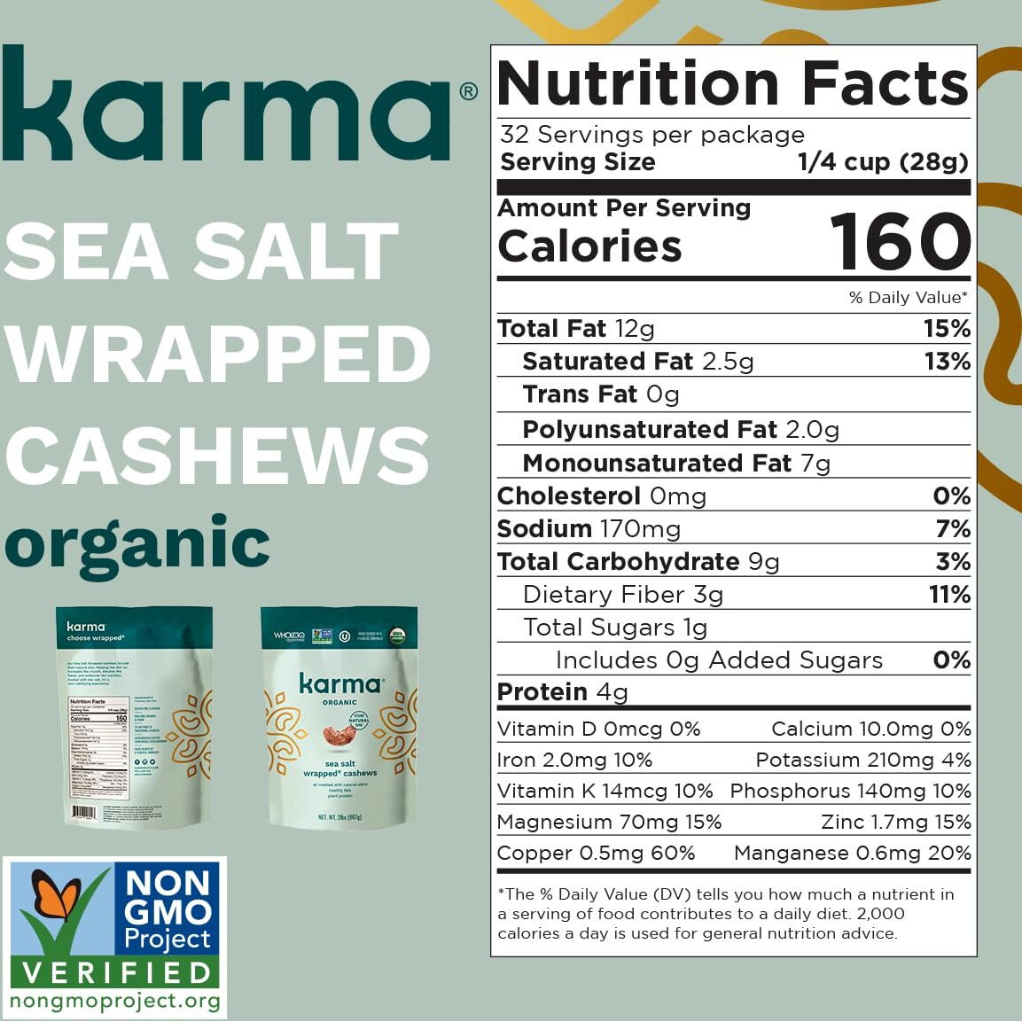 Organic Cashews By Karma Nuts, Vegan, Gluten Free, Low Net Carb, Natural, Everyday Nut Snack, Great For Baking, Resealable Bulk 32Oz Bag (Resealable Bulk 32Oz Bag, Organic Sea Salt Wrapped Cashews)
