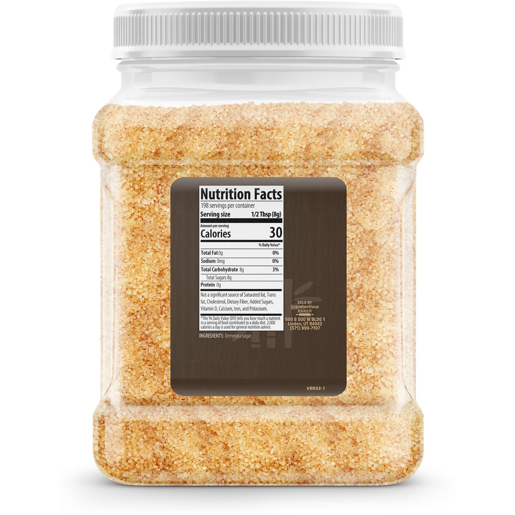 Unpretentious Demerara Sugar 3.5 Pounds, Food Storage, Raw First-Pressed Sugarcane Crystals For Drinks & Baking