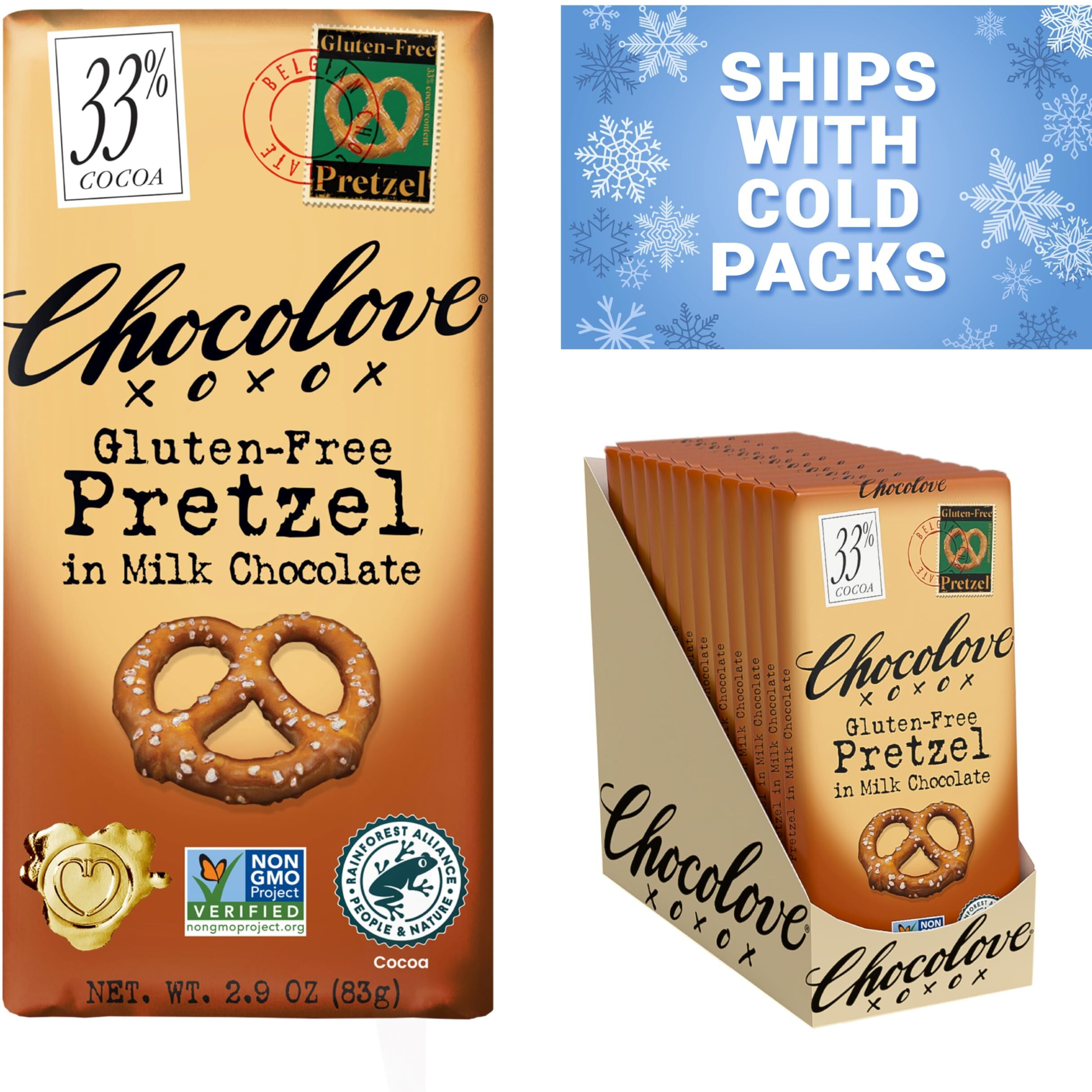 Chocolove Pretzel Milk Chocolate Bars | 33% Cocoa | Infused With Gluten-Free Pretzel Bits | Crafted With Silky Belgian Chocolate | Non Gmo, Rainforest Alliance Certified, 3.2Oz Bar (12 Pack)