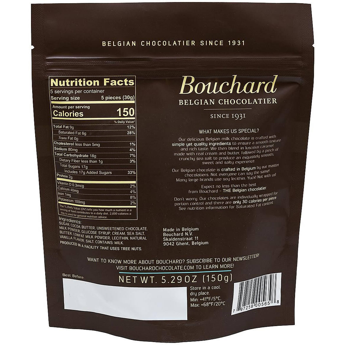 Bouchard Belgian Milk Chocolate With Caramel & Sea Salt (5.29 Oz / 150G)