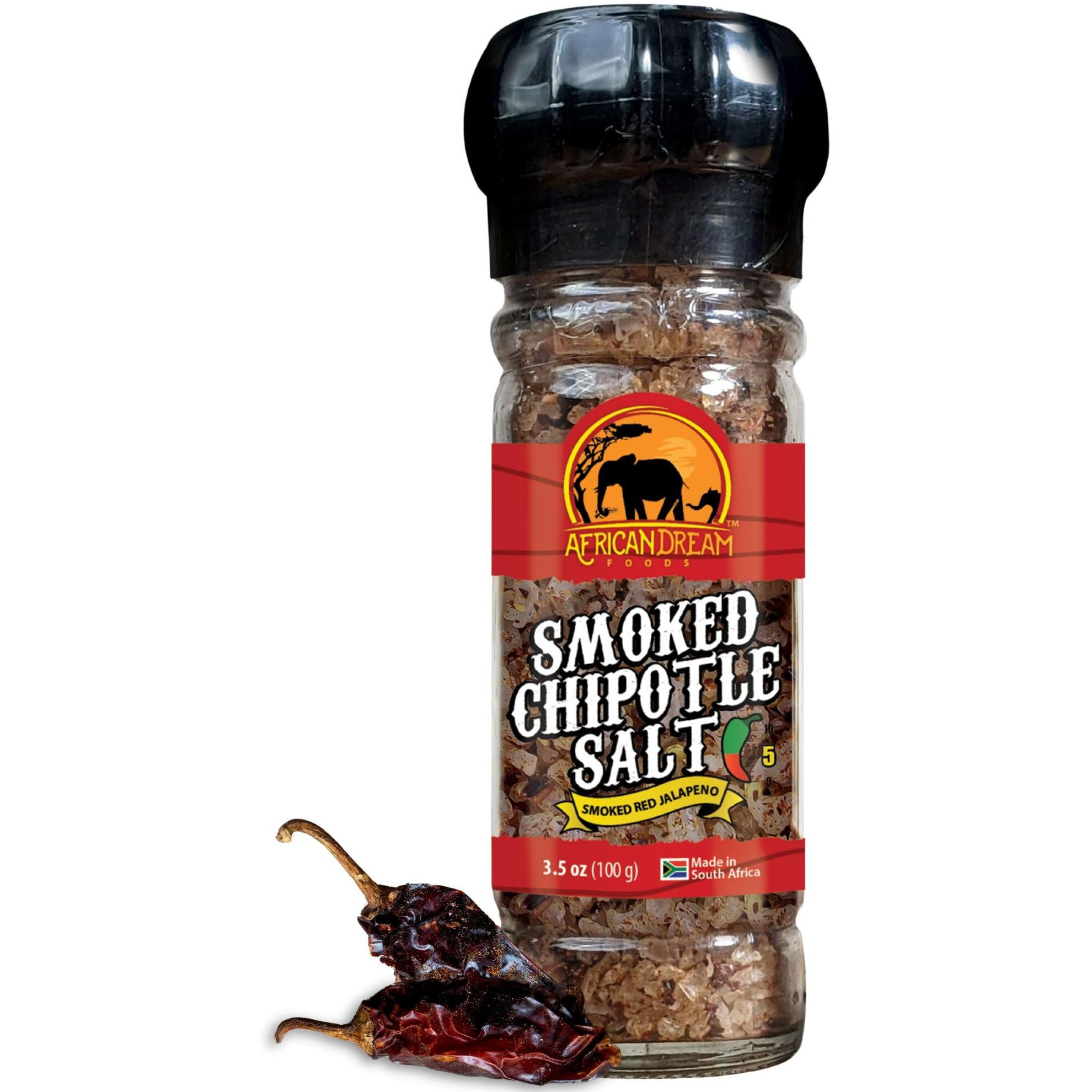 Smoked Chipotle Spicy Salt Seasoning By African Dream Foods | Spicy Chili Salt With Natural African Jalapeno Peppers, Sea Salt | Ideal For Meat, Chicken, Seafood | Reusable Grinder, 3.5 Oz