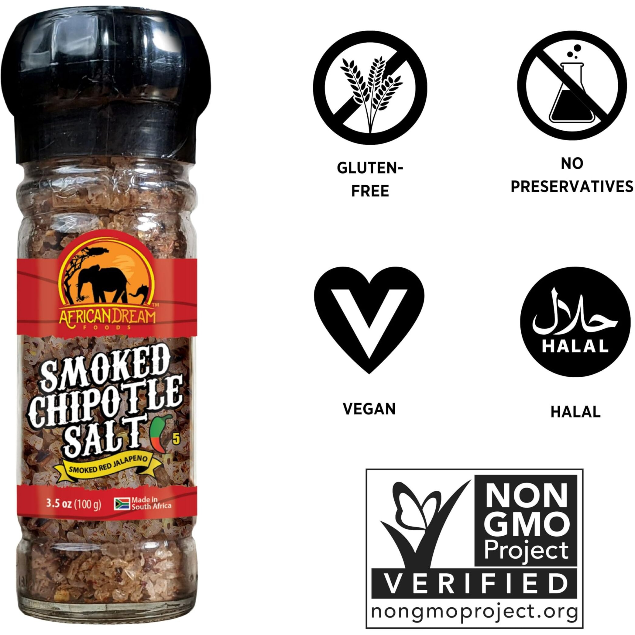 Smoked Chipotle Spicy Salt Seasoning By African Dream Foods | Spicy Chili Salt With Natural African Jalapeno Peppers, Sea Salt | Ideal For Meat, Chicken, Seafood | Reusable Grinder, 3.5 Oz