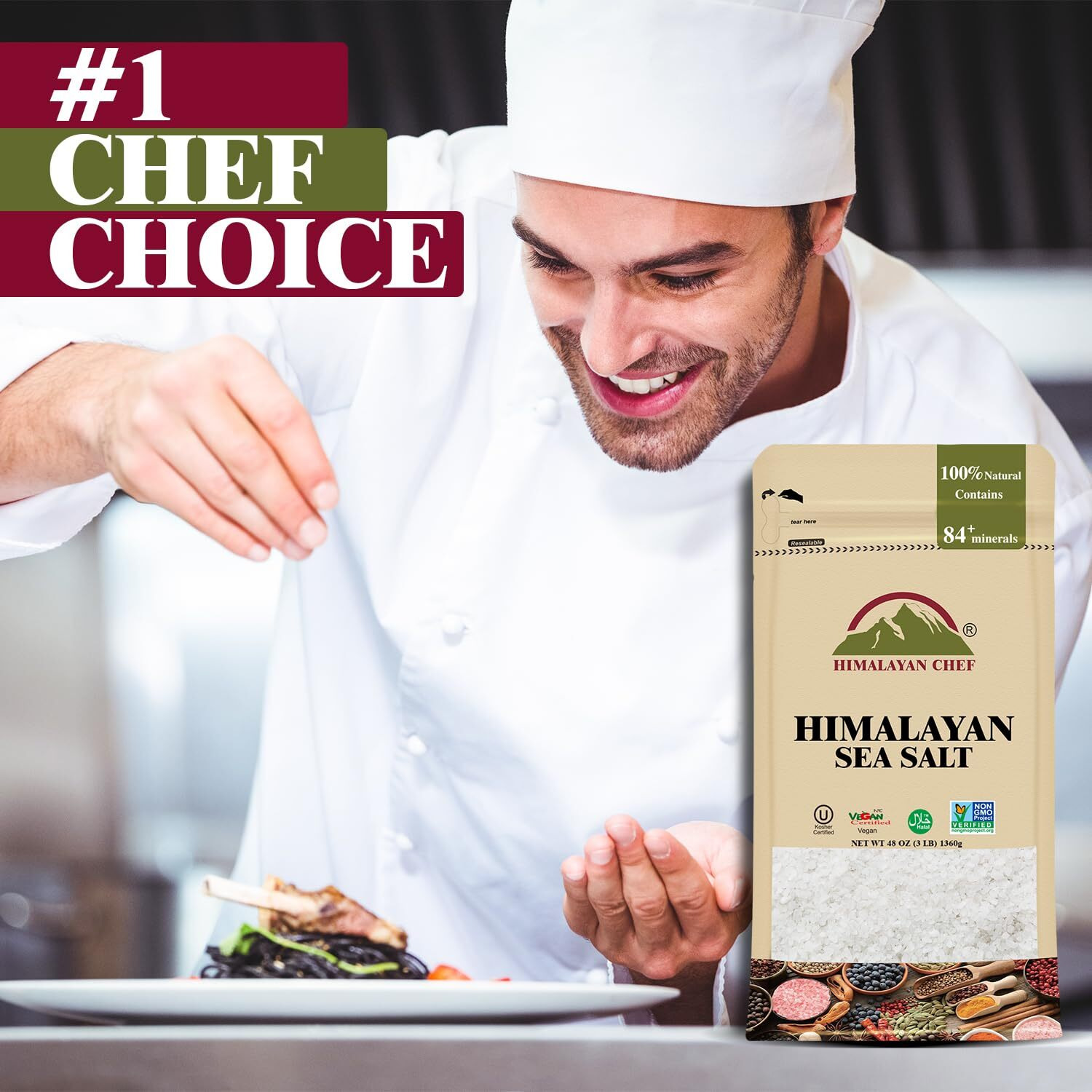 Himalayan Chef Sea Salt, All-Natural Fine Grain, 48 Ounce Sea Salt Bag, Non-Iodized, No Additives, Unrefined Mineral Salt For Daily Cooking