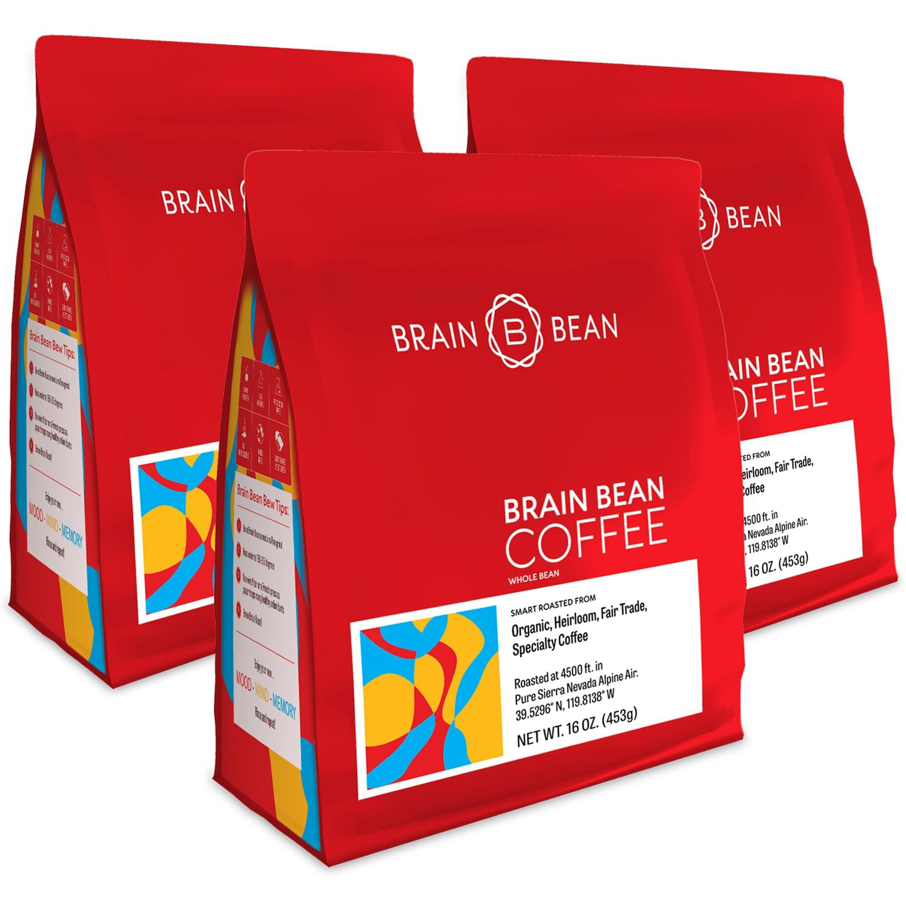 Brain Bean Organic Coffee - Smooth Taste, Antioxidant Rich & Fair Trade - Whole Bean Medium Roast 16 Oz (3 Pack)