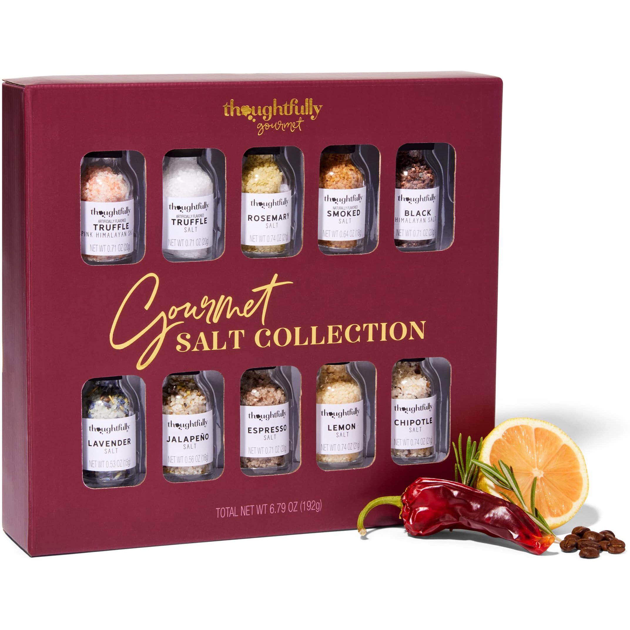 Thoughtfully Gourmet, Gourmet Cooking Salt Sampler Gift Set, Gourmet Seasoning Salts In Glass Bottles, Flavors Include Smoked, Lavender, Rosemary, Truffle, Lemon, Chipotle And More, Set Of 10