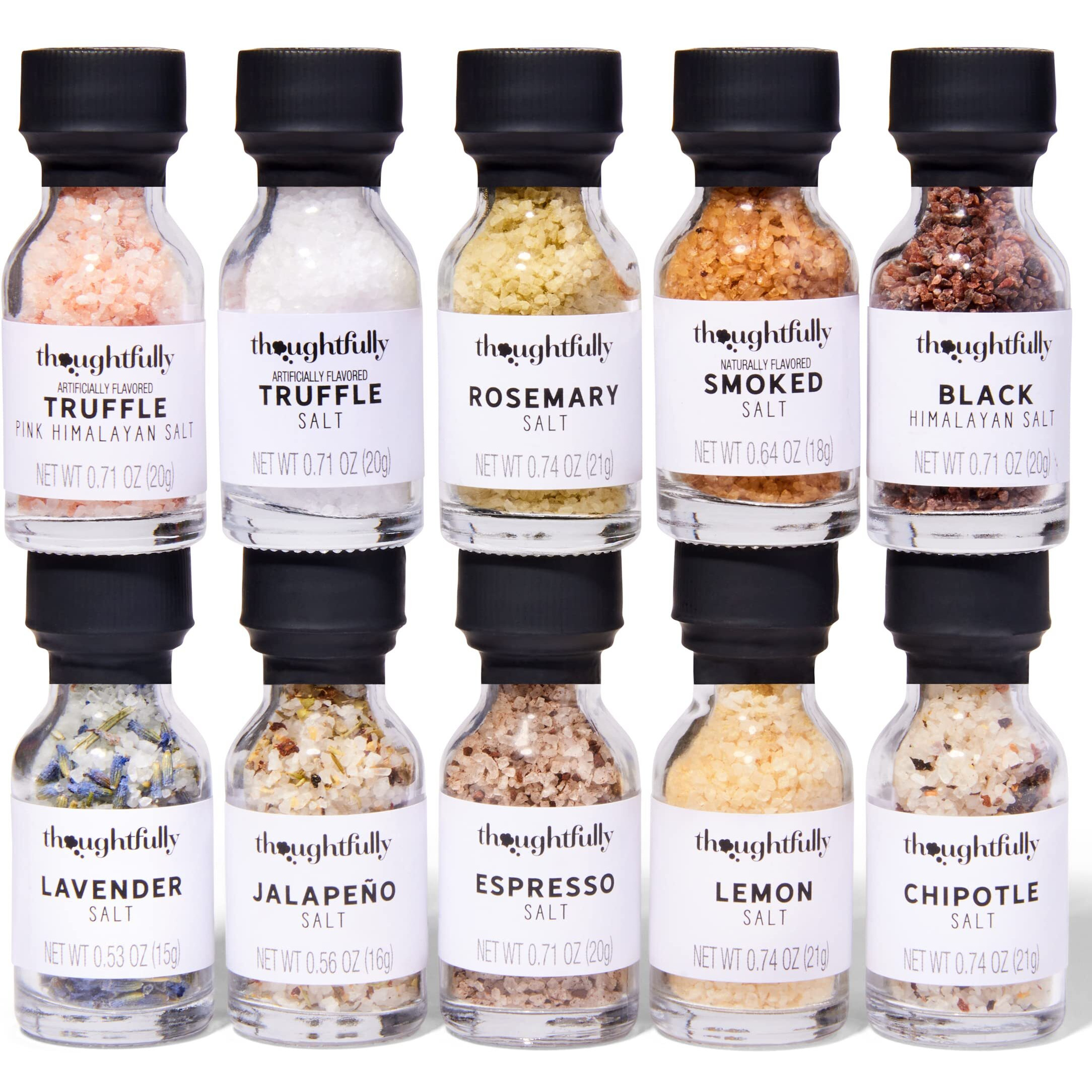 Thoughtfully Gourmet, Gourmet Cooking Salt Sampler Gift Set, Gourmet Seasoning Salts In Glass Bottles, Flavors Include Smoked, Lavender, Rosemary, Truffle, Lemon, Chipotle And More, Set Of 10