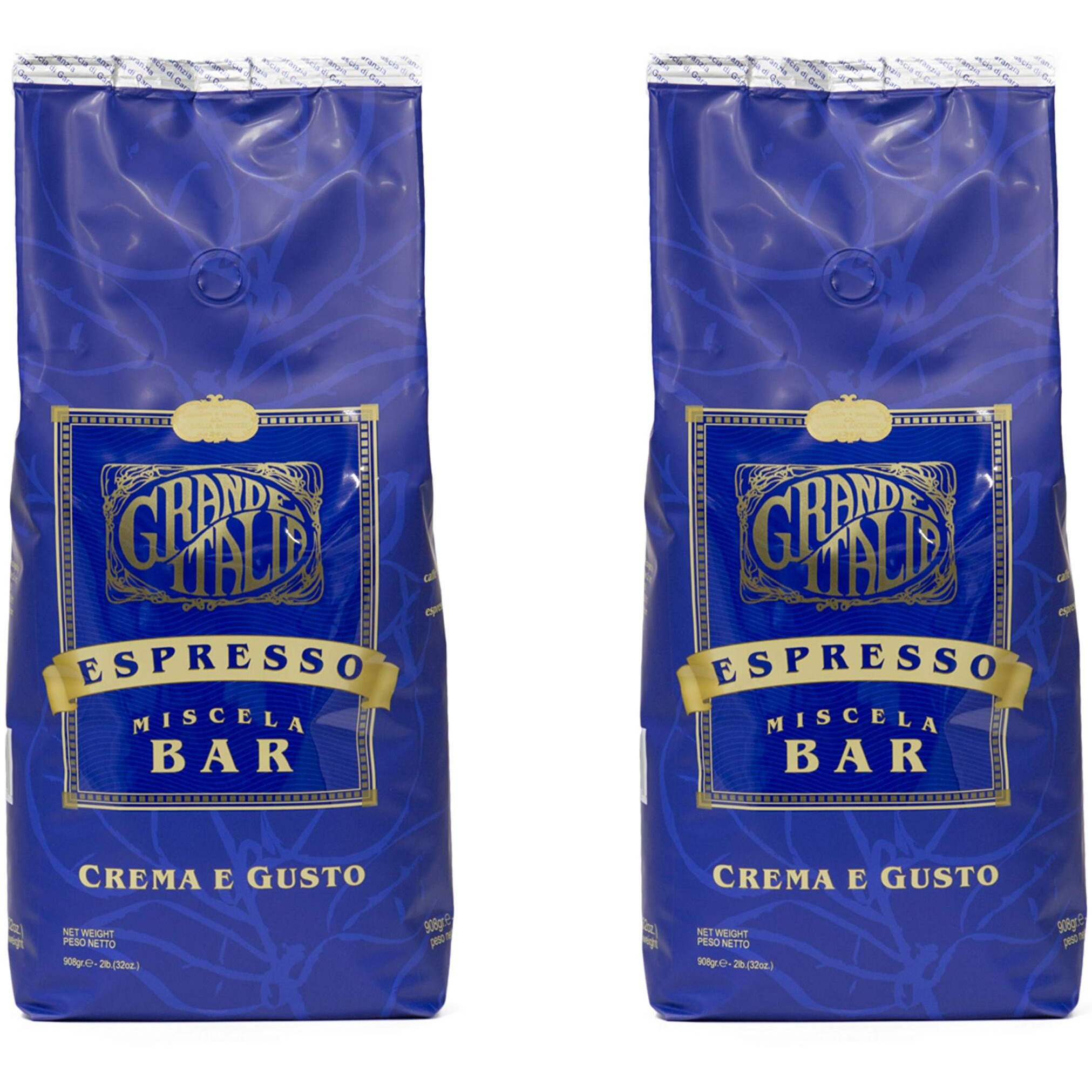 Grande Italia Espresso Small Batch Artisan Roasted Bar, Crema E Gusto, Whole Bean (2Lb Bag, Pack Of 2)