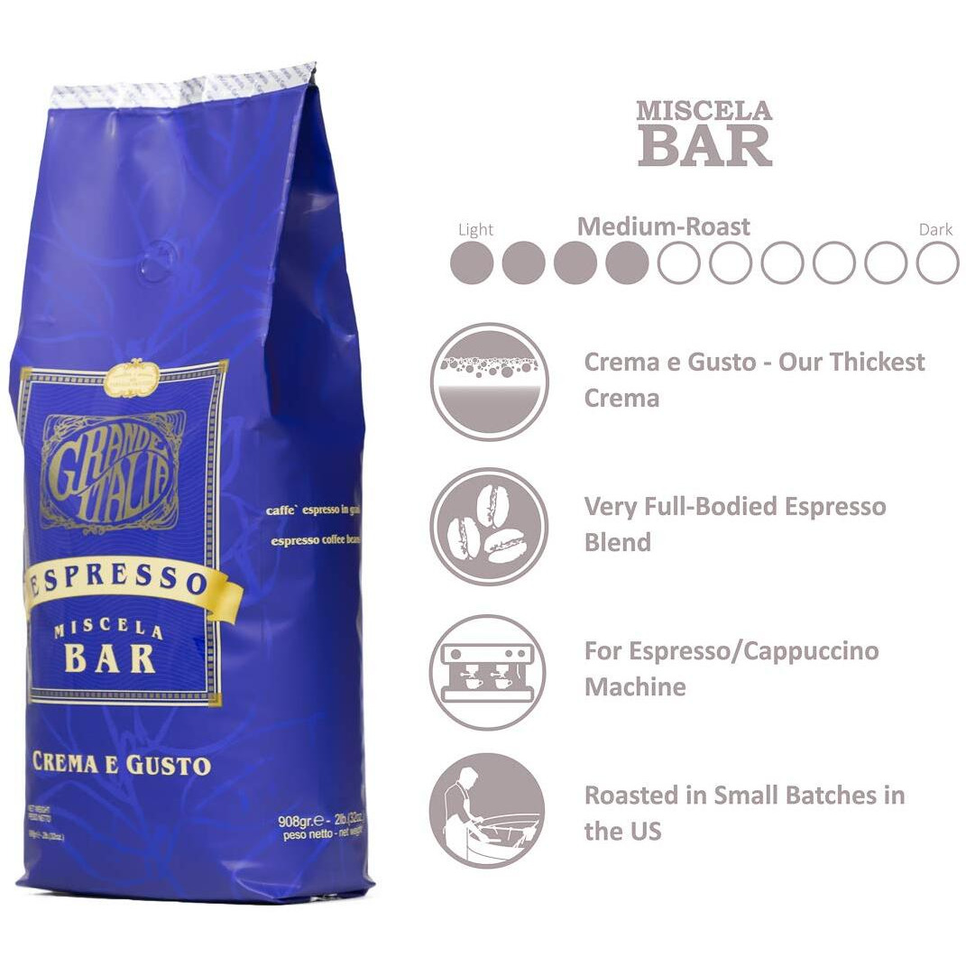 Grande Italia Espresso Small Batch Artisan Roasted Bar, Crema E Gusto, Whole Bean (2Lb Bag, Pack Of 2)
