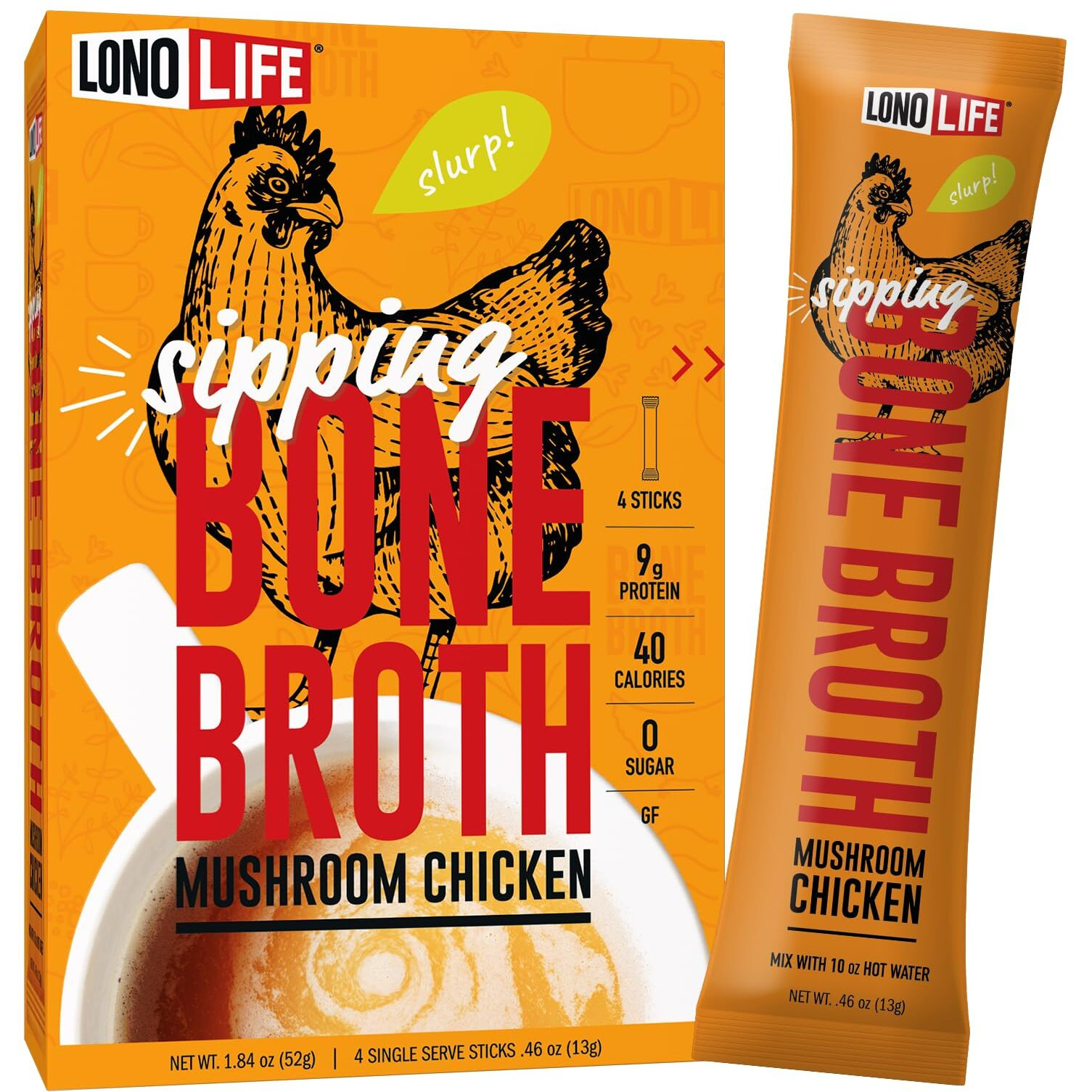 Lonolife Mushroom Chicken Bone Broth Powder Mix | 10G Protein | Collagen-Rich, Keto & Paleo Friendly | Natural Ingredients | 4 Portable Stick Pack Servings