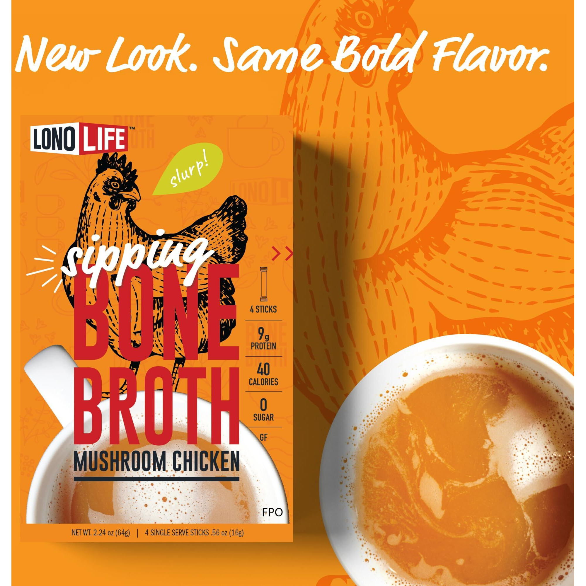Lonolife Mushroom Chicken Bone Broth Powder Mix | 10G Protein | Collagen-Rich, Keto & Paleo Friendly | Natural Ingredients | 4 Portable Stick Pack Servings