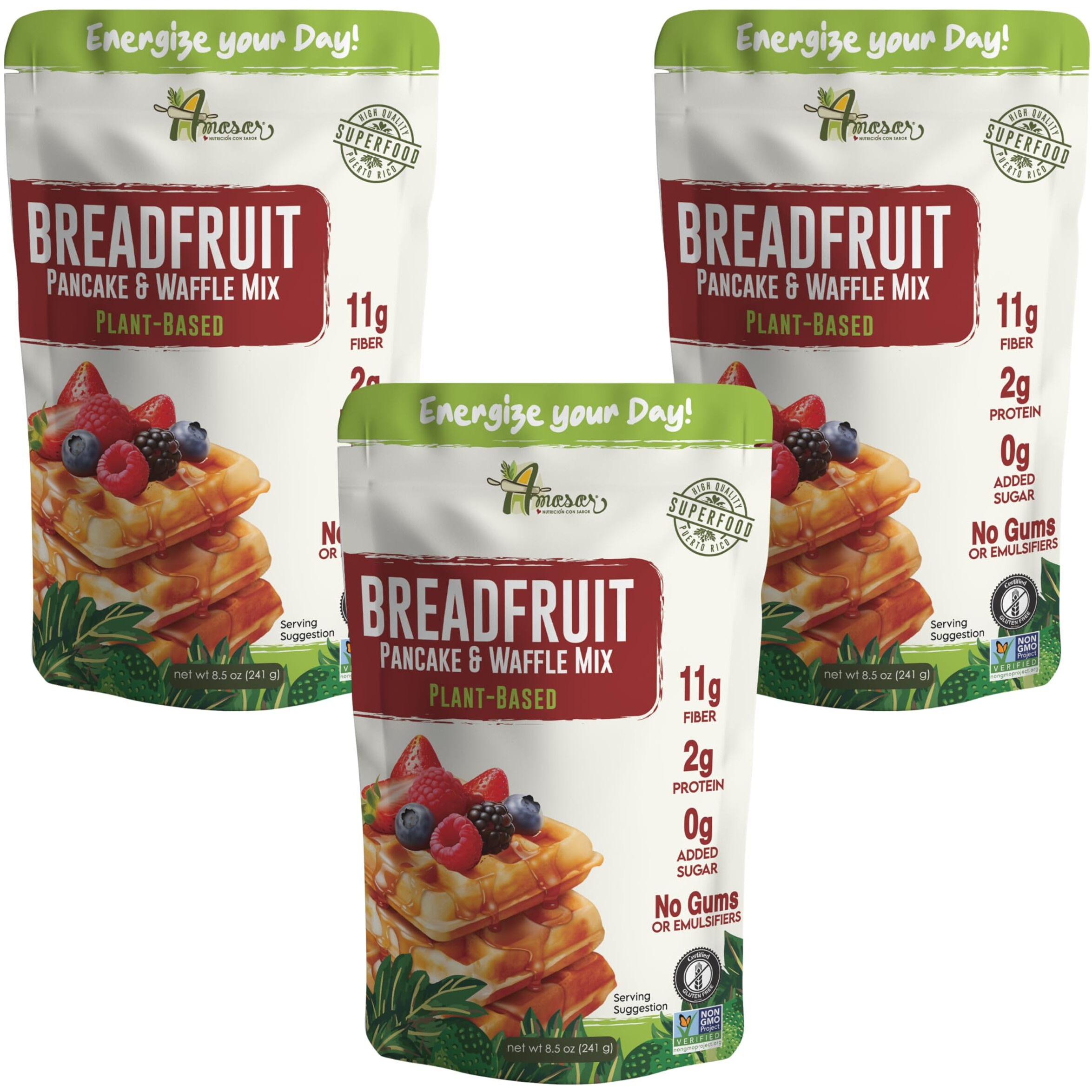 Amasar | Breadfruit Pancake And Waffle Mix |Gluten-Free Non-Gmo High-Fiber No Sugar Added | Best For Pancakes Crispy Waffles | Healthy No Preservatives Breakfast Meal | Plant Based (8.50 Ounce (Pack Of 3))