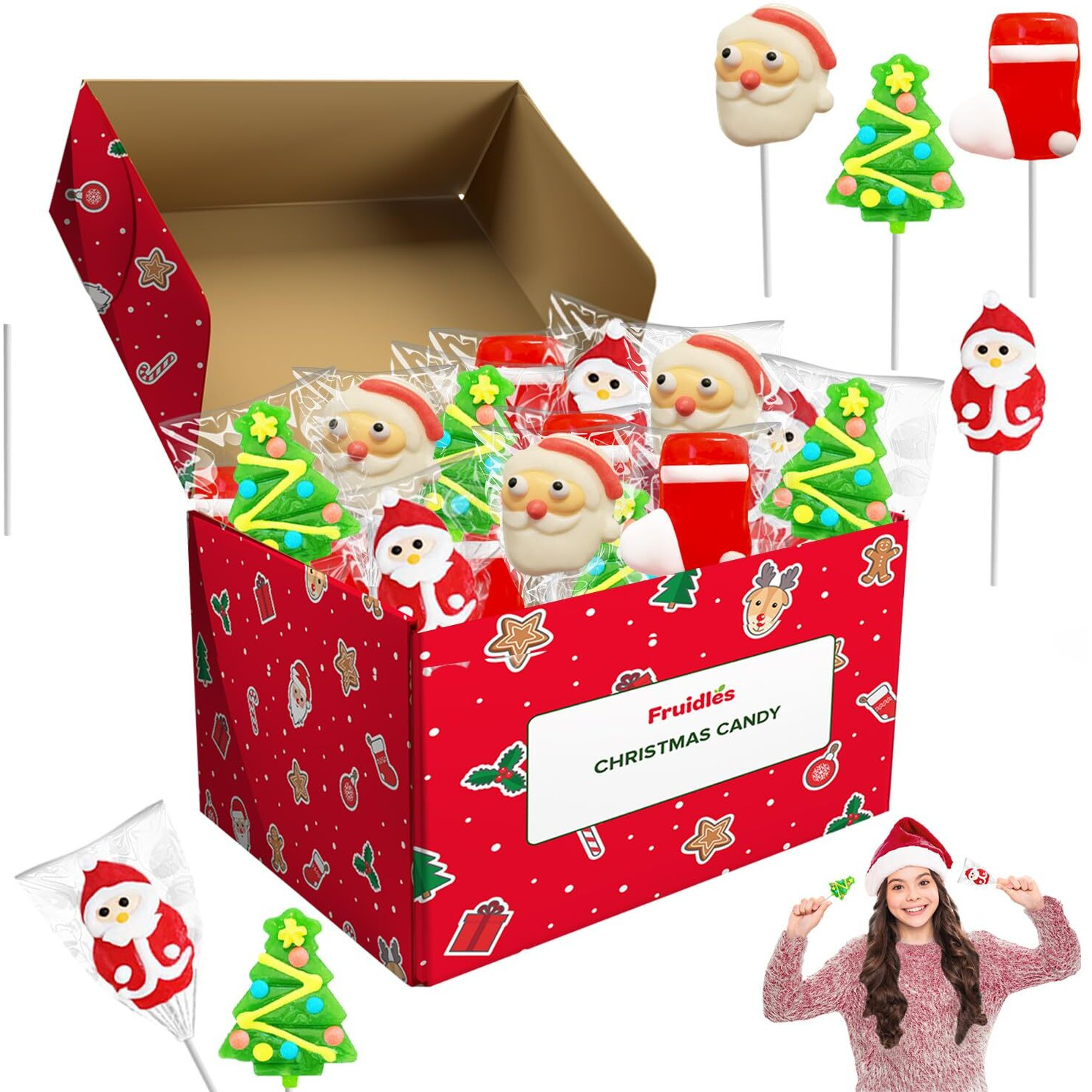 Fruidles Christmas Lollipop, Santa Clause, Christmas Tree, Candy Canes Lollipops, Individually Wrapped (12-Pack)