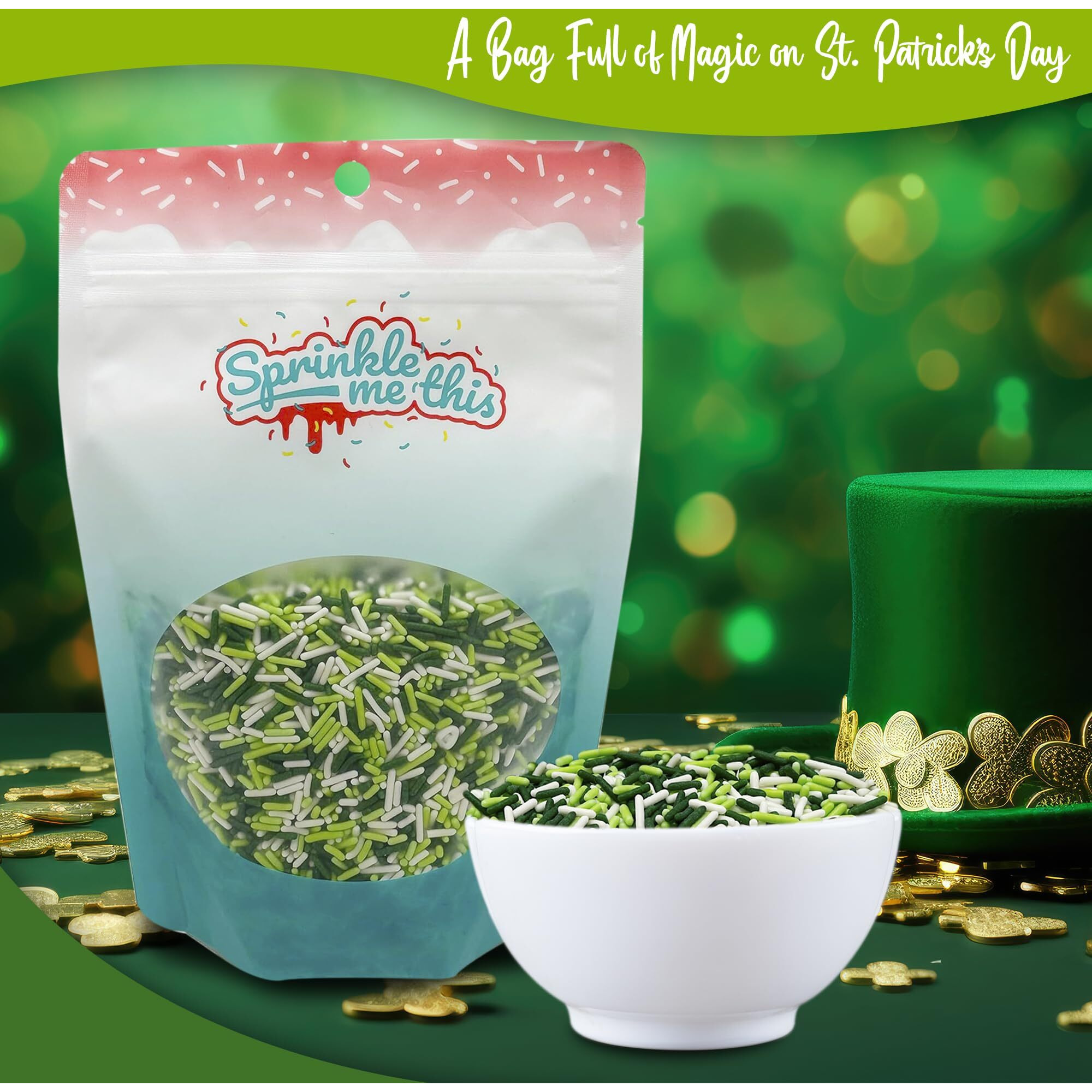 Lucky Jimmy Blend | 8 Oz Stand Up Sprinkle Bag | St. Patrick's Day Themed Sprinkle Blend | Classic Jimmies In Green, Lime, And White Colors | Toppings For Cakes, Pastries, And Desserts