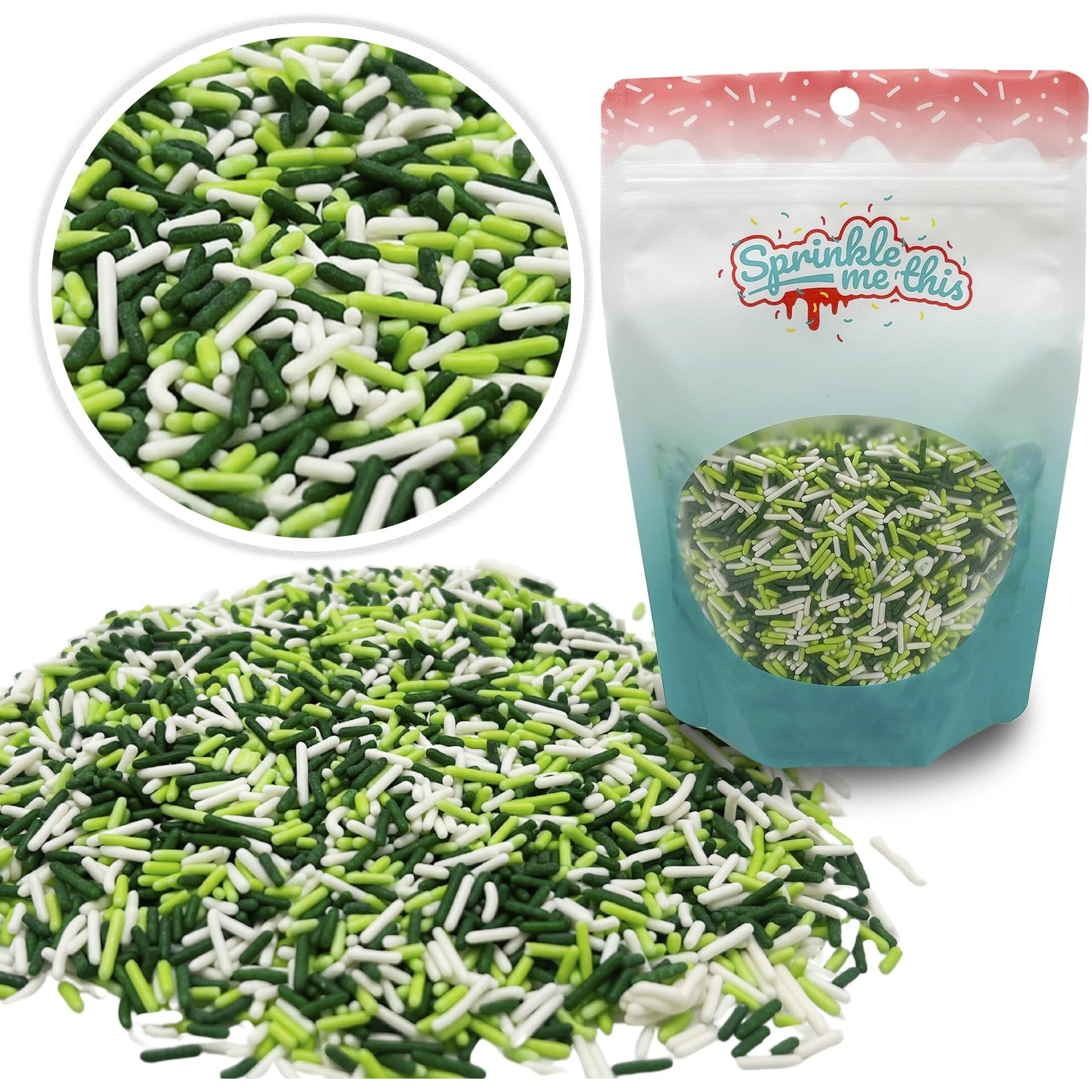 Lucky Jimmy Blend | 12 Oz Stand Up Sprinkle Bag | St. Patrick's Day Themed Sprinkle Blend | Classic Jimmies In Green, Lime, And White Colors | Toppings For Cakes, Pastries, And Desserts