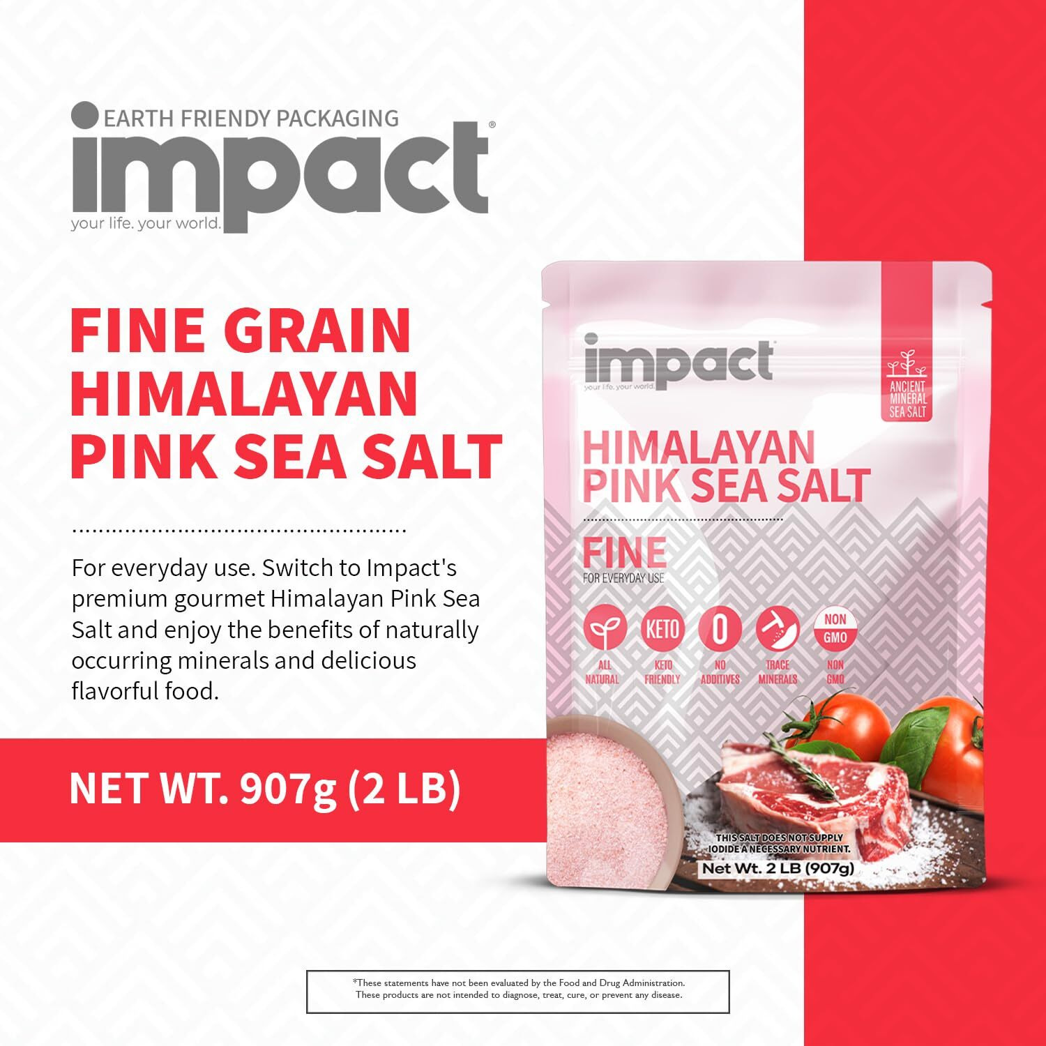 Impact Himalayan Pink Sea Salt Fine 2Lb Pouch - No Additives, Rich In Trace Minerals, Non-Gmo, Gluten-Free. Ideal For Keto, Fasting & Everyday Cooking. Pure Himalayan Source- Ancient Mineral Sea Salt