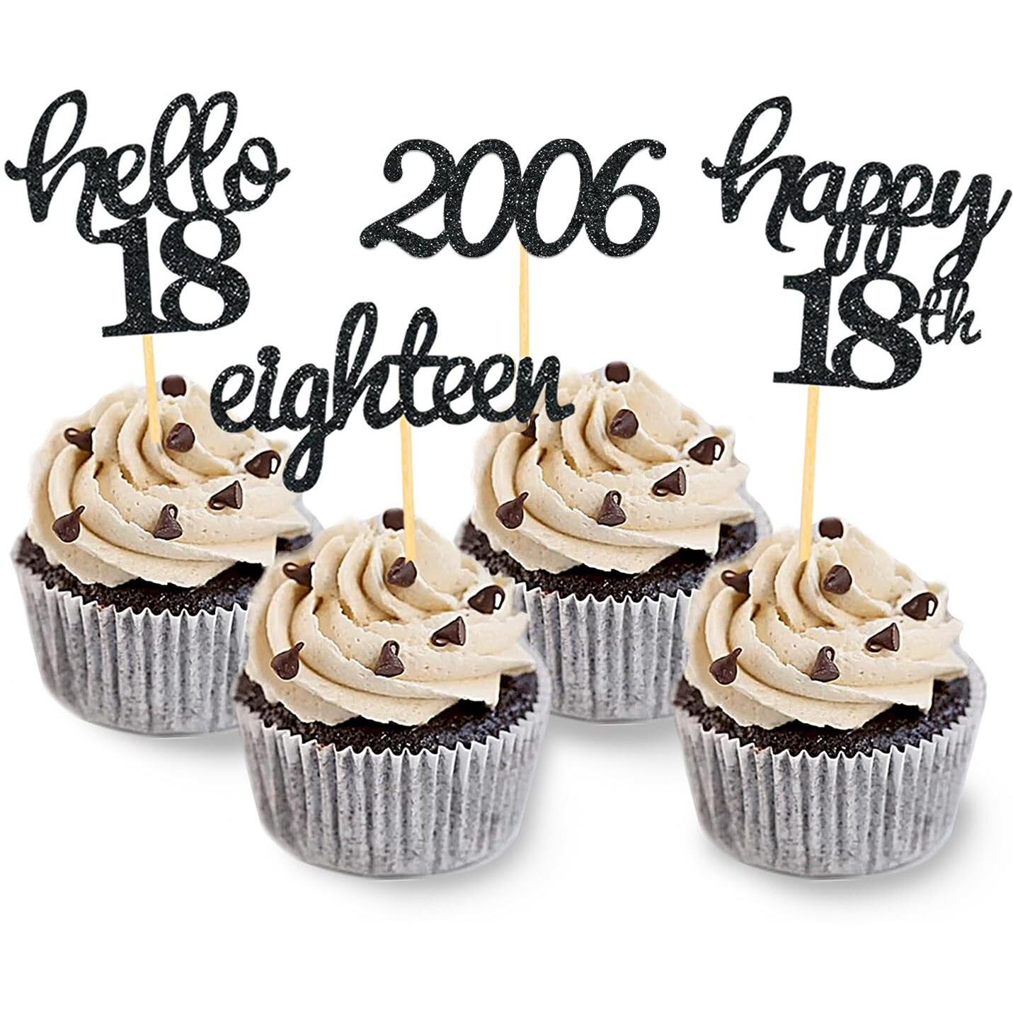 24 Pcs Glitter 18Th Birthday Cupcake Toppers For Celebrating 18Th Birthday Party Decorations For Eighteen Years Old Birthday Party Supplies (Black)