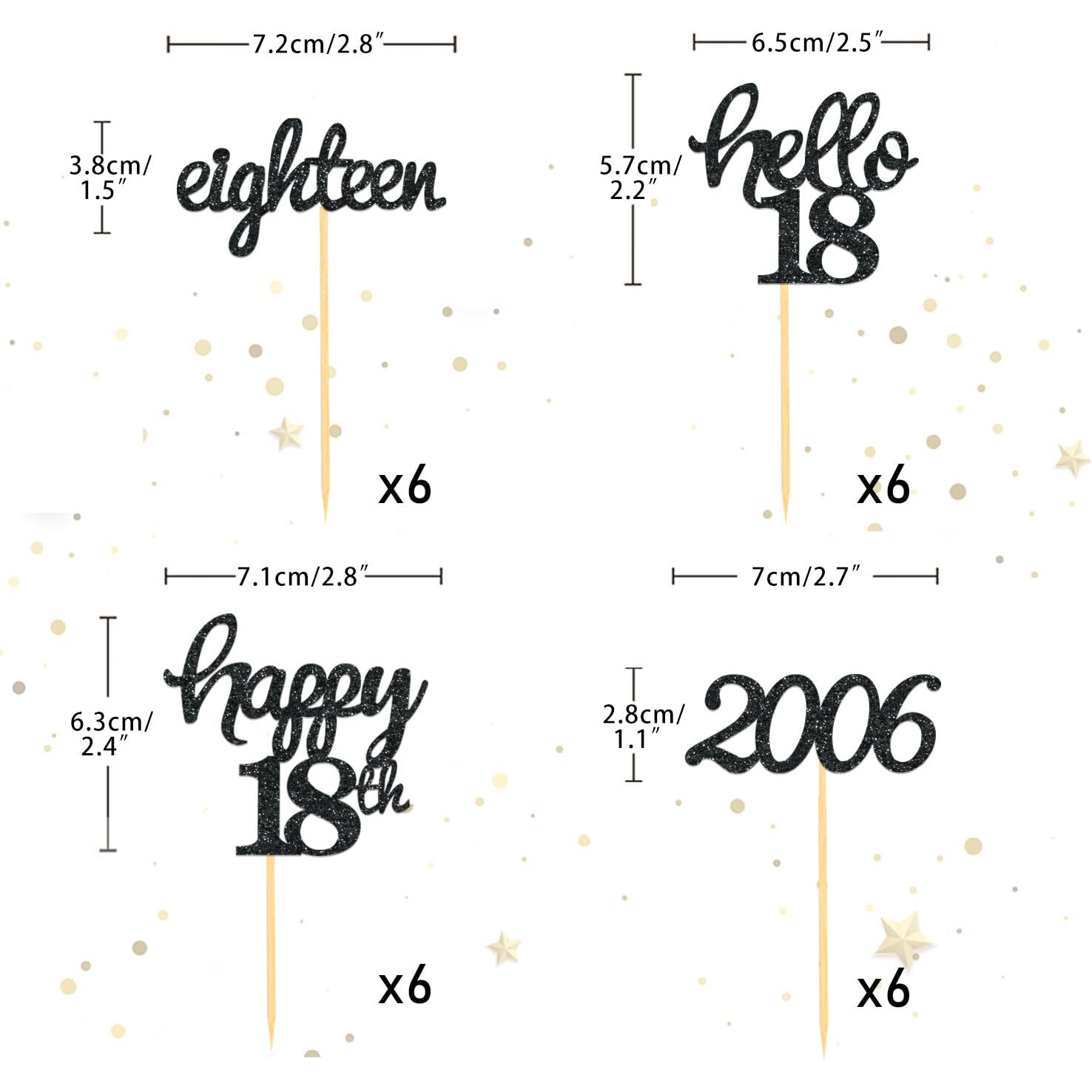 24 Pcs Glitter 18Th Birthday Cupcake Toppers For Celebrating 18Th Birthday Party Decorations For Eighteen Years Old Birthday Party Supplies (Black)