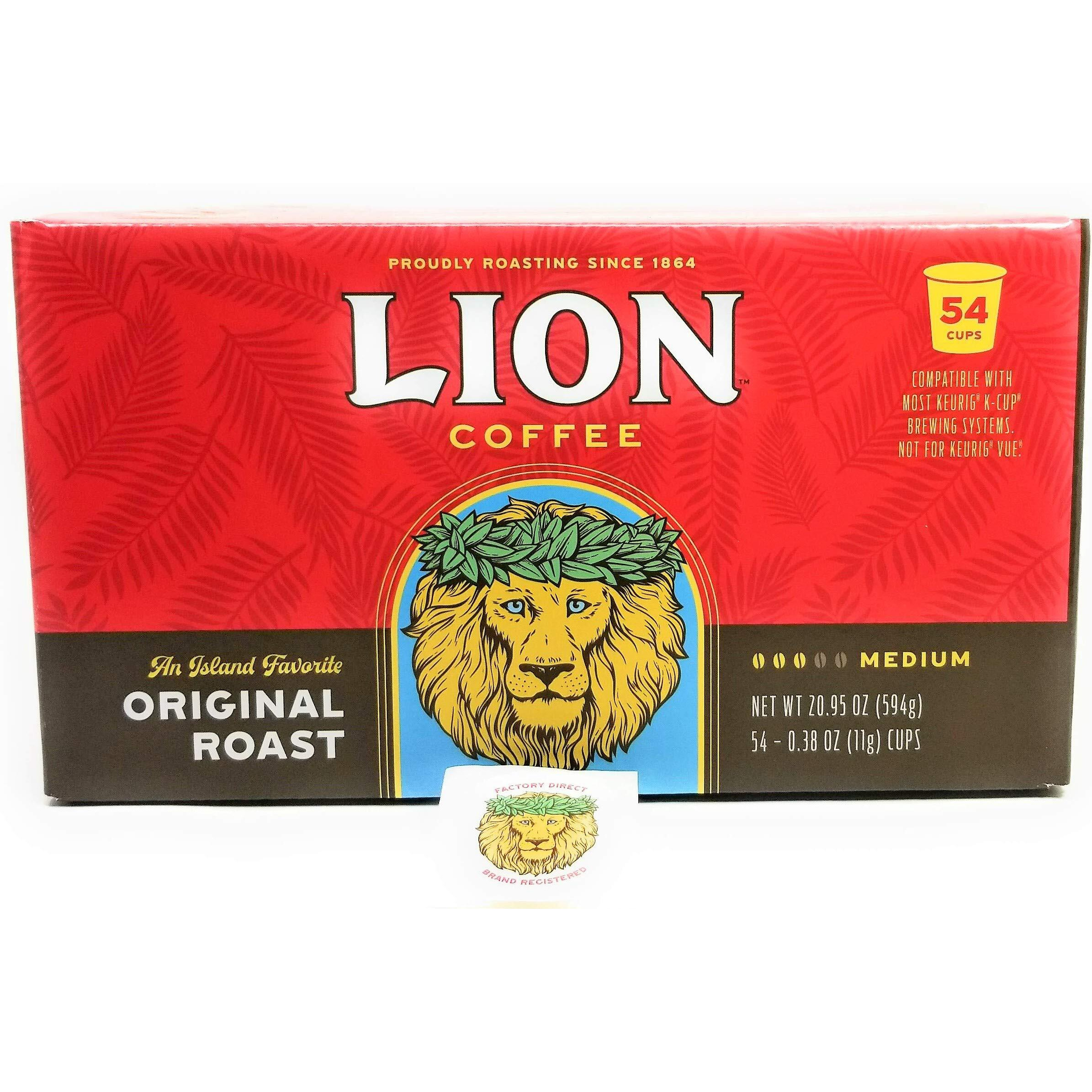 Lion Coffee Single Serve Coffee Pods Original Roast (Pack Of 54) With Exclusive Lion Coffee Factory Direct Brand Registered Sticker, An Island Favorite