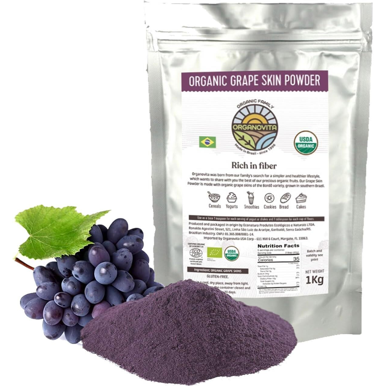 Organovita Organic Grape Skin Powder | Blend In Smoothies, Cakes | High Fiber Content, W/Cold-Pressed Natural Ingredients, Gluten-Free | All Purpose, Antioxidants Rich - Certified Usda (2.2 Lbs)