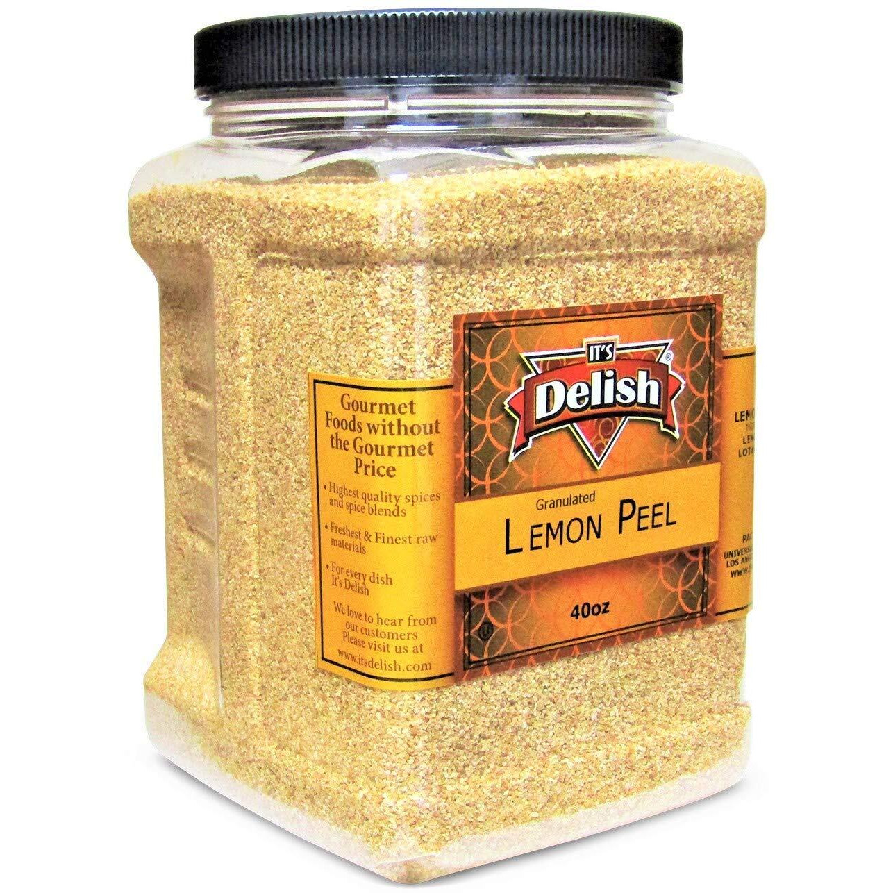 Gourmet Granulated Lemon Peel By Its Delish - 40 Oz Jumbo Reusable Container - 100% Natural Lemon Peel Granules Great Zest For Tea, Cooking, Baking, Flavoring, Seasoning - Kosher Ou, Vegan