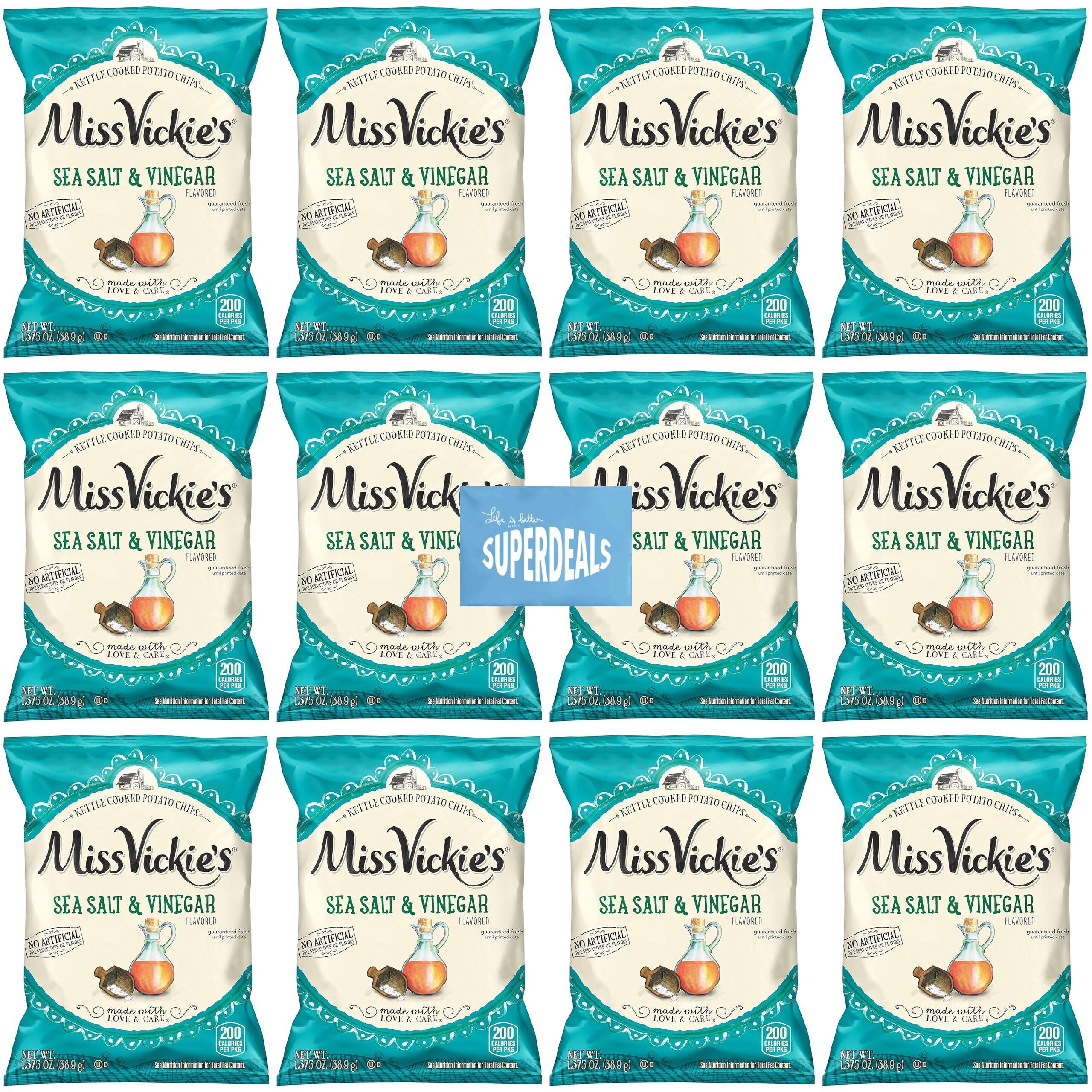 Kettle Cooked Potato Chips By Miss Vickie's Value Pack Bundled By Superdeals | 1.375 Oz Bag | Sea Salt & Vinegar | Pack Of 12 With Mystery Bonus Gift
