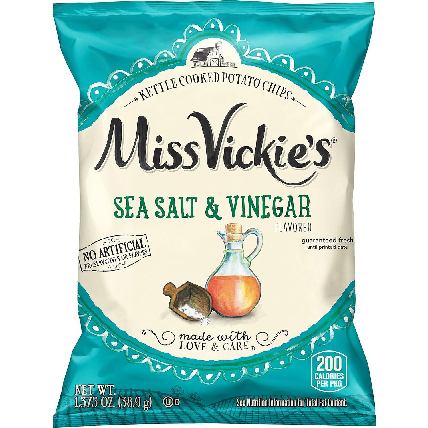 Kettle Cooked Potato Chips By Miss Vickie's Value Pack Bundled By Superdeals | 1.375 Oz Bag | Sea Salt & Vinegar | Pack Of 12 With Mystery Bonus Gift