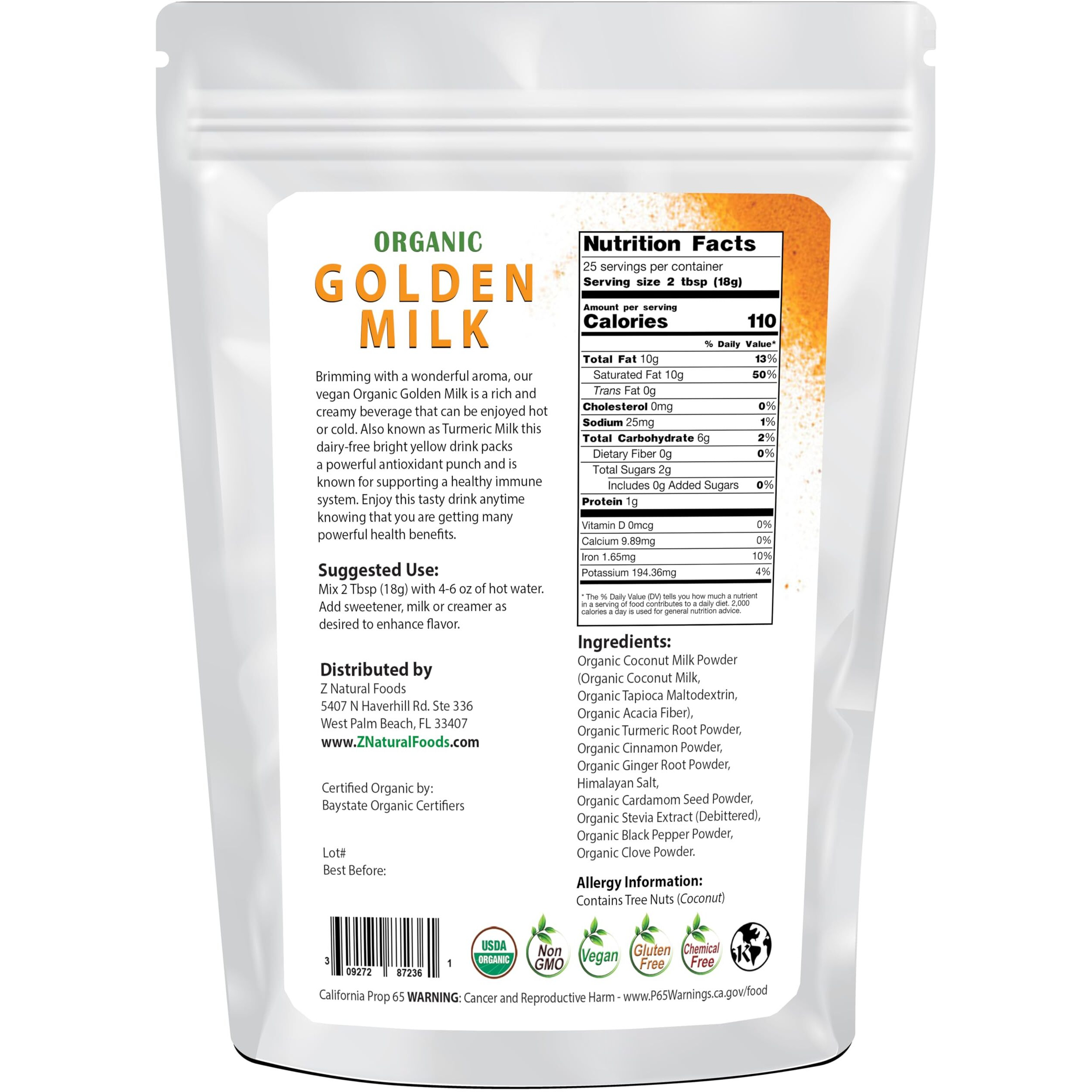 Z Natural Foods Organic Golden Milk Powder - Turmeric Superfood Blend, Mix In Coffee, Tea, Lattes, Smoothies Recipes - Non Gmo, Vegan, Gluten Free - 1 Lb