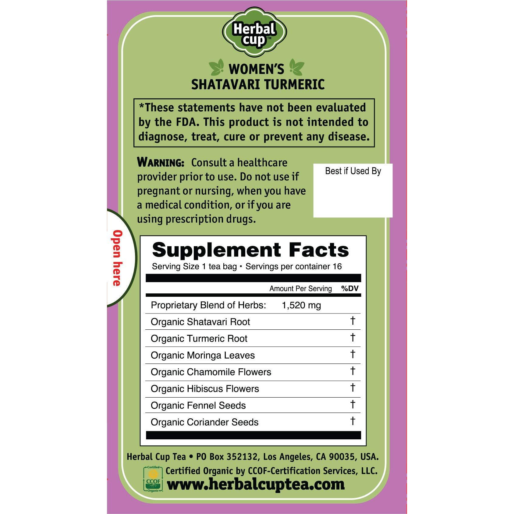 Herbal Cup Ayurveda Women's Tea, Organic Shatavari Turmeric, No Caffeine Herbal Teas (Women's Shatavari Turmeric, 16 Count (Pack Of 1))