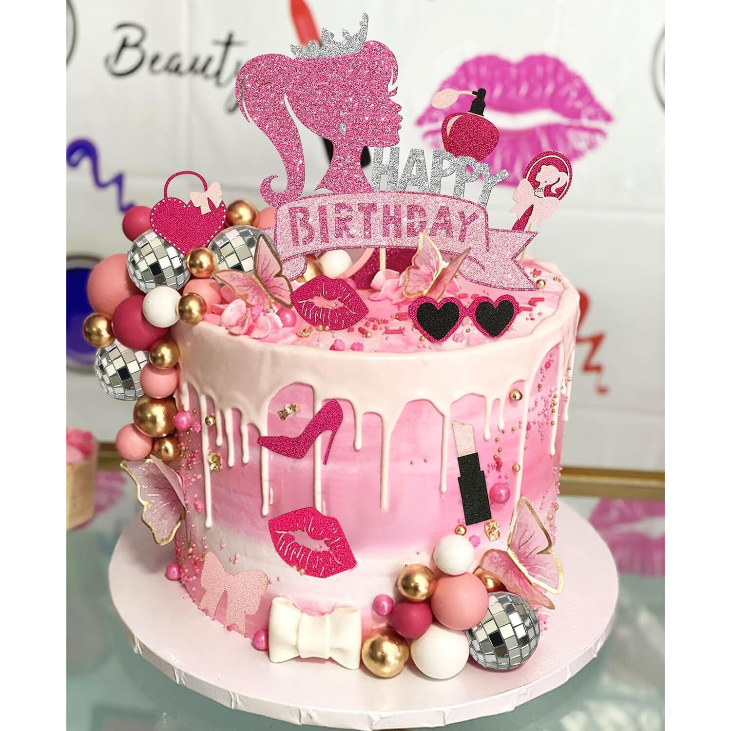 Jevenis Birthday Hot Pink Girl Birthday Cake Decoration Pink Girls Birthday Decoration Pink Balls Palm Leaves Heels Lipstick Bags Cake Topper For Birthday Bridal Shower Baby Shower