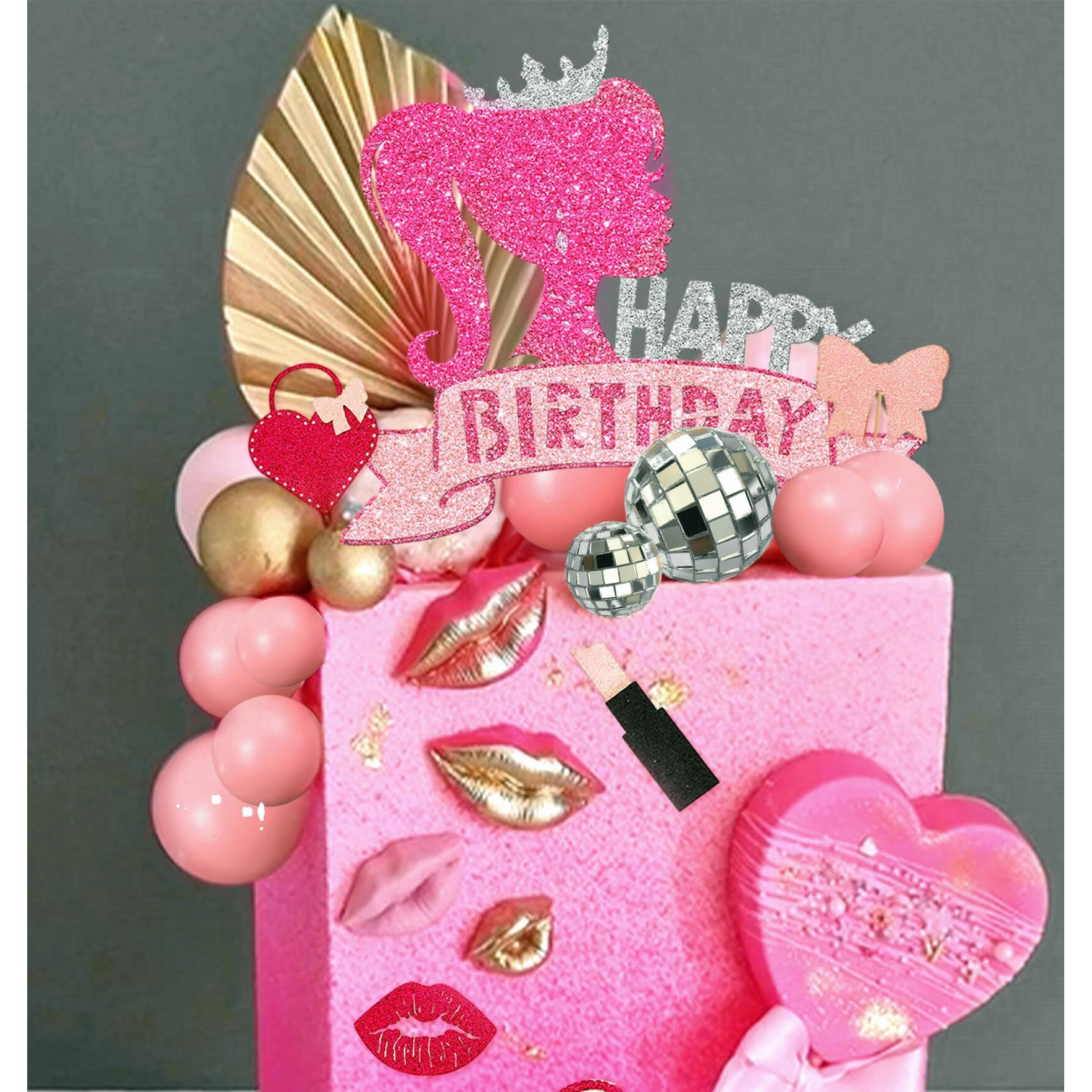 Jevenis Birthday Hot Pink Girl Birthday Cake Decoration Pink Girls Birthday Decoration Pink Balls Palm Leaves Heels Lipstick Bags Cake Topper For Birthday Bridal Shower Baby Shower