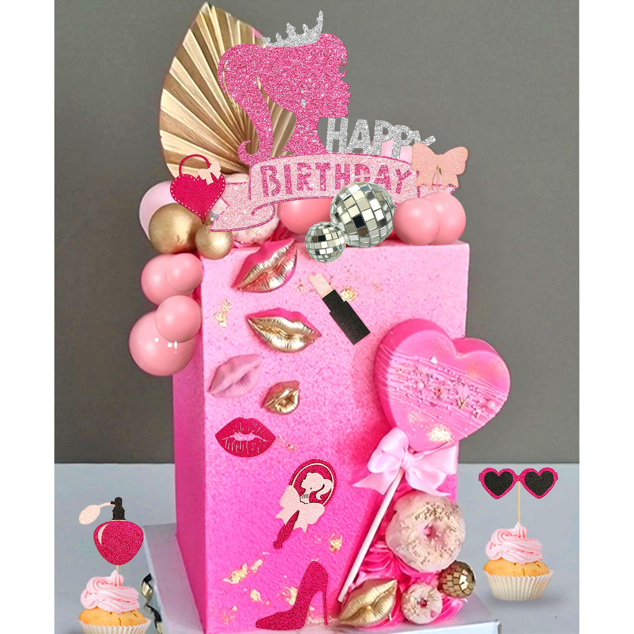 Jevenis Birthday Hot Pink Girl Birthday Cake Decoration Pink Girls Birthday Decoration Pink Balls Palm Leaves Heels Lipstick Bags Cake Topper For Birthday Bridal Shower Baby Shower