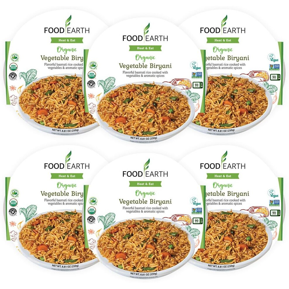 Food Earth Ready To Eat Indian Cuisine - Vegetable Biryani Meal - Microwavable, Pre-Packaged & Lunchable - Organic, Vegan, Gluten-Free, Gmo-Free, Plant-Based - 8.81 Oz Each -Pack Of 6